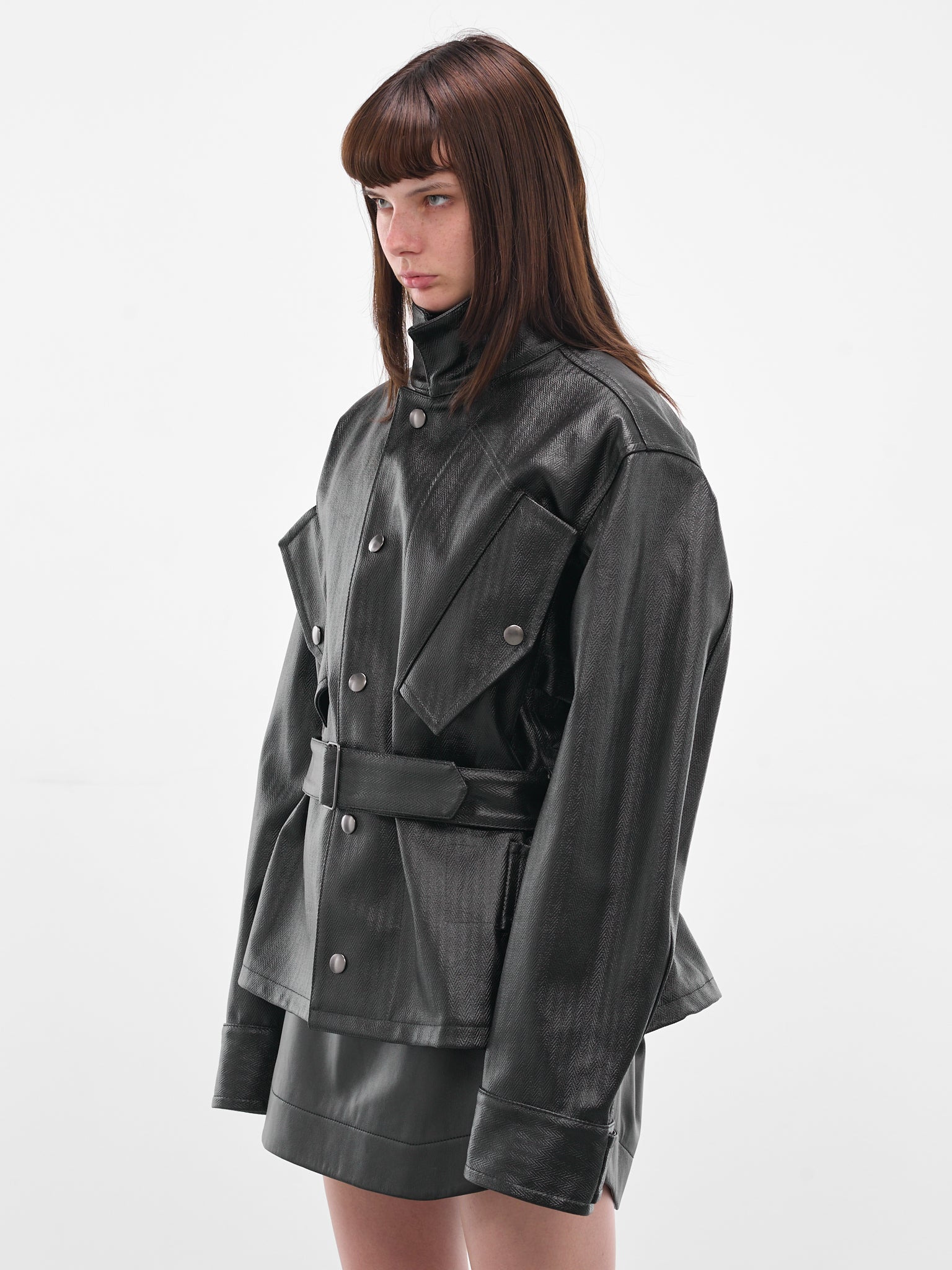 Black Laminated Cotton Belted Jacket - 2