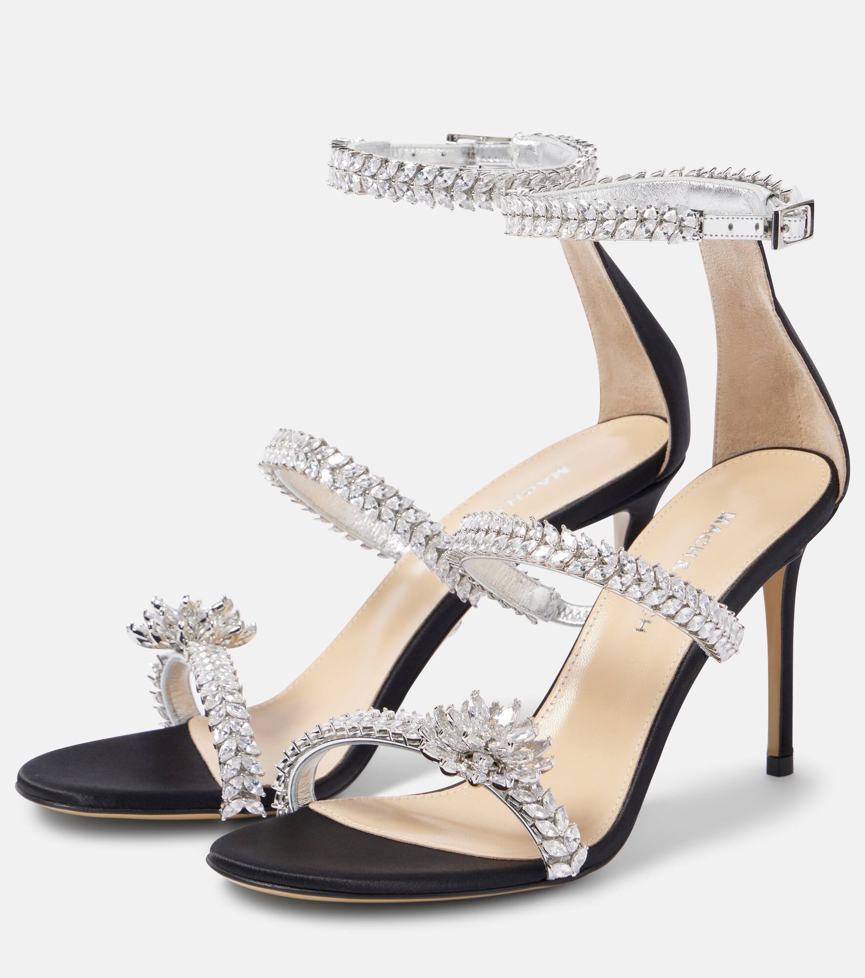 Crystal Flower embellished satin sandals - 4