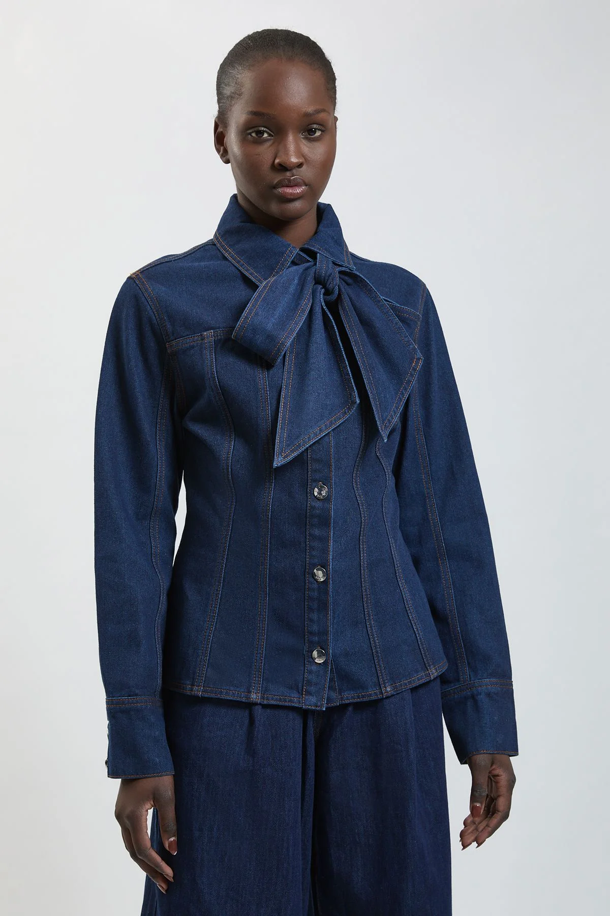 Denim Pussybow Button Down Shirt - 1