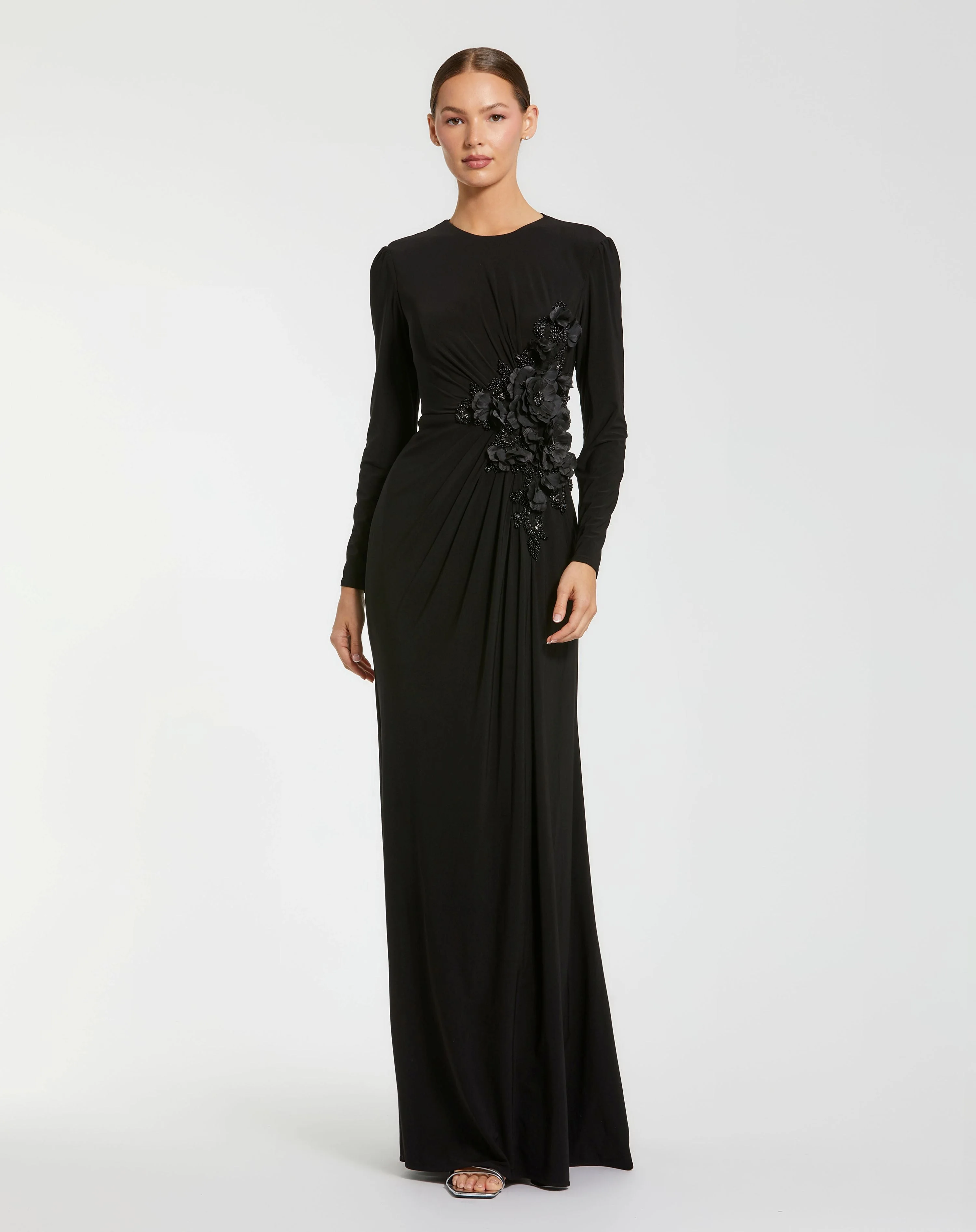 Black High Neck Beaded Jersey Evening Gown - 1
