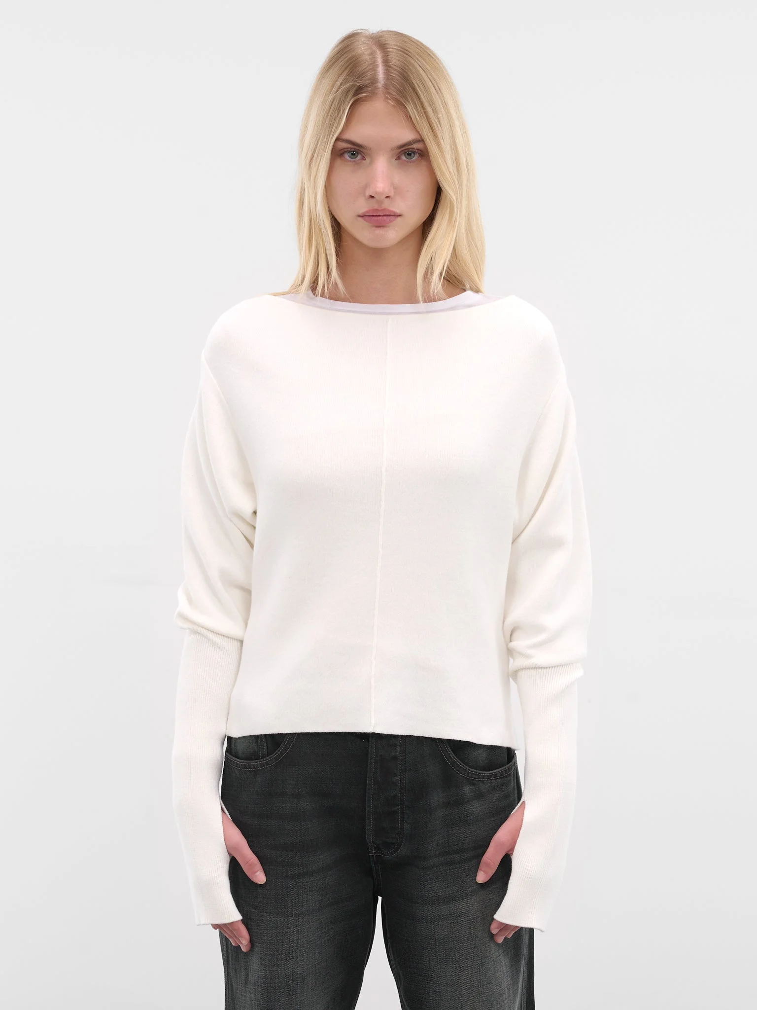 White Off-Shoulder Cotton Knit Sweater - 1