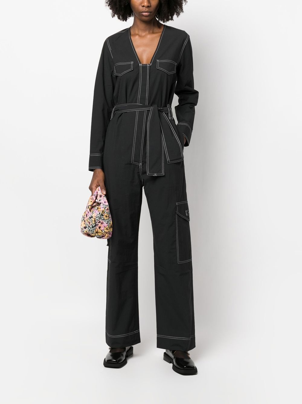belted contrast-stitch jumpsuit - 2