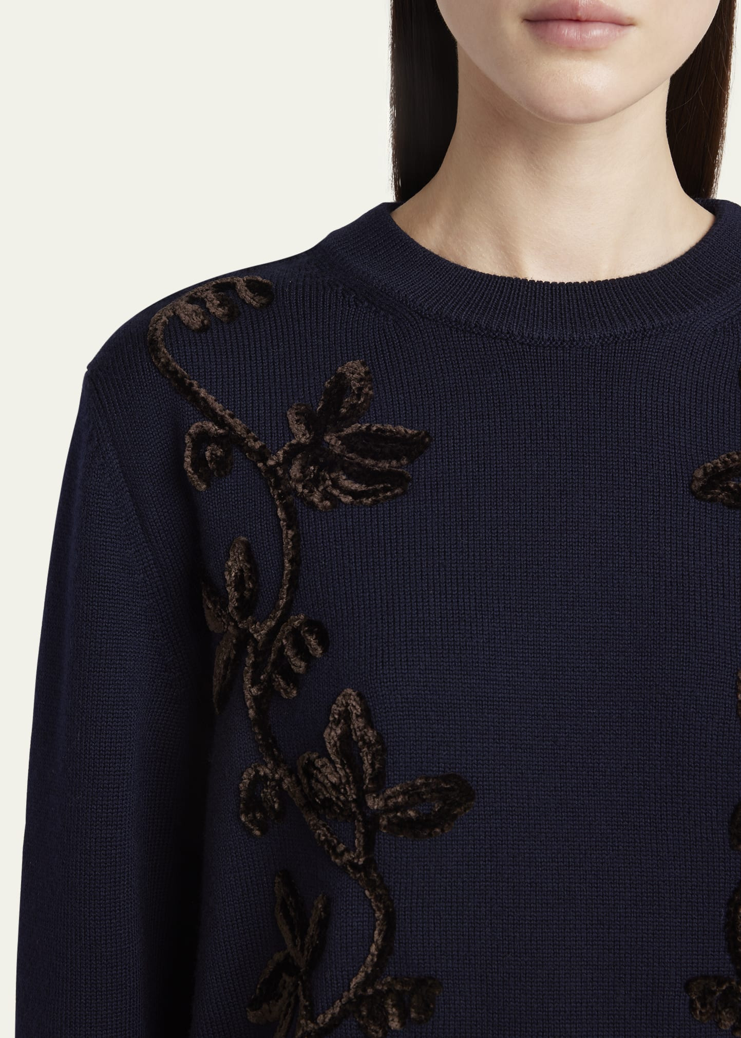 Velvet Floral Embroidered Merino Crewneck Sweater - 5