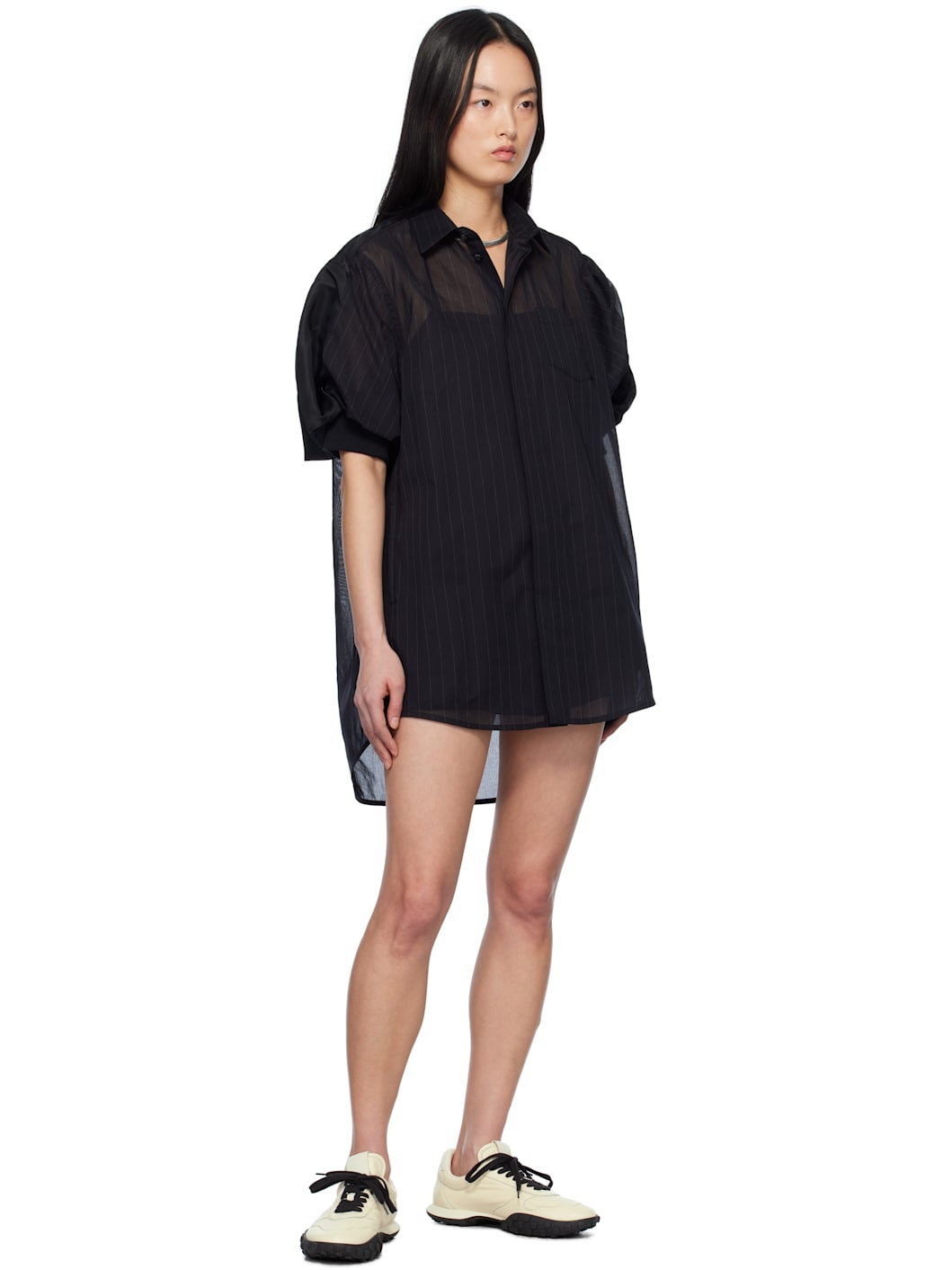 Black High Twist Voile & Nylon Twill Minidress - 4