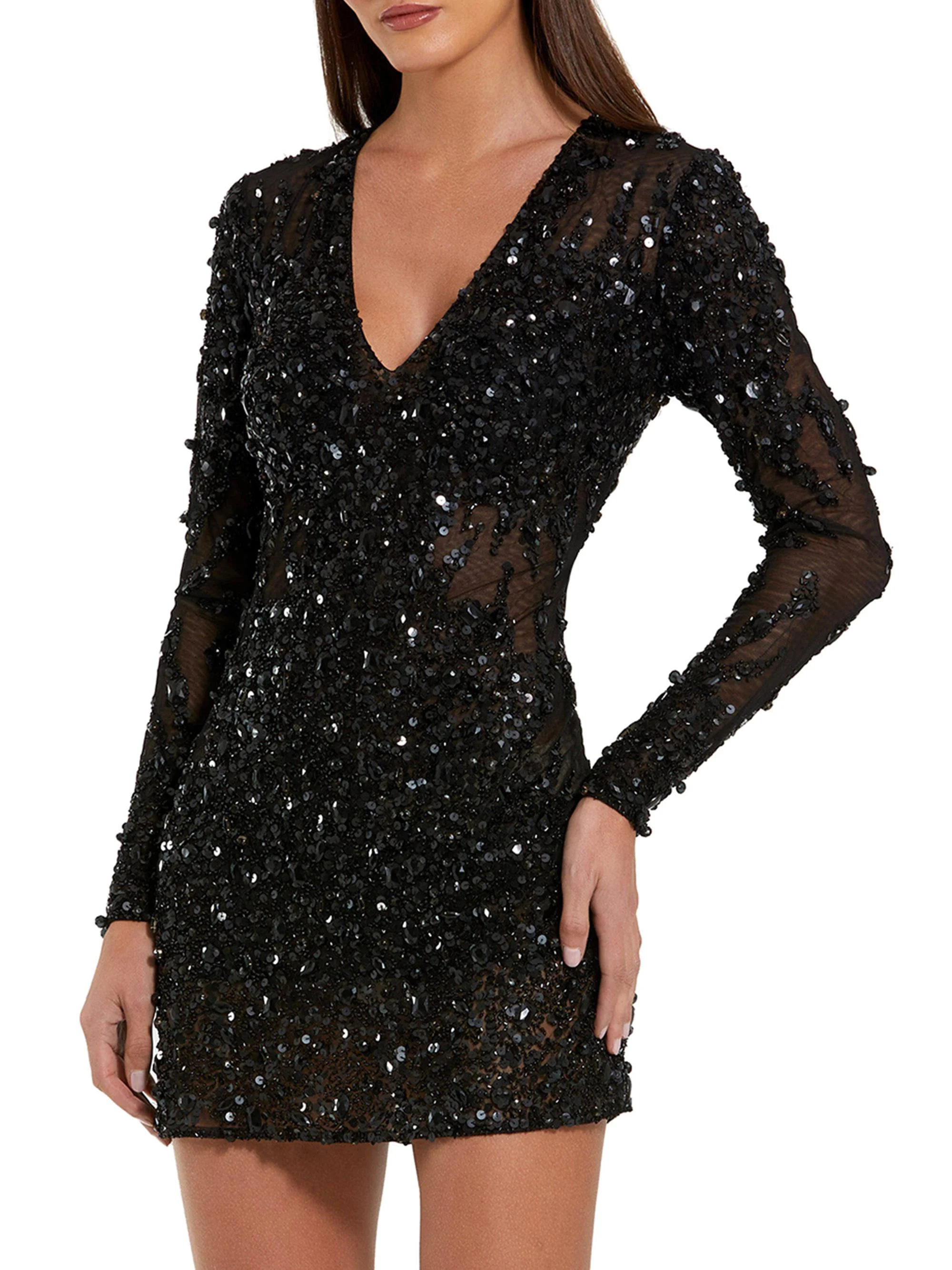 Women's Sheer Sequined Minidress - Black - 1