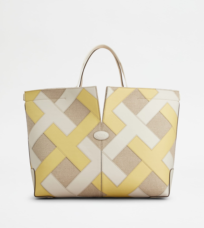 TOD'S DI BAG FOLIO IN LEATHER AND CANVAS MEDIUM - WHITE, GREY, YELLOW 1