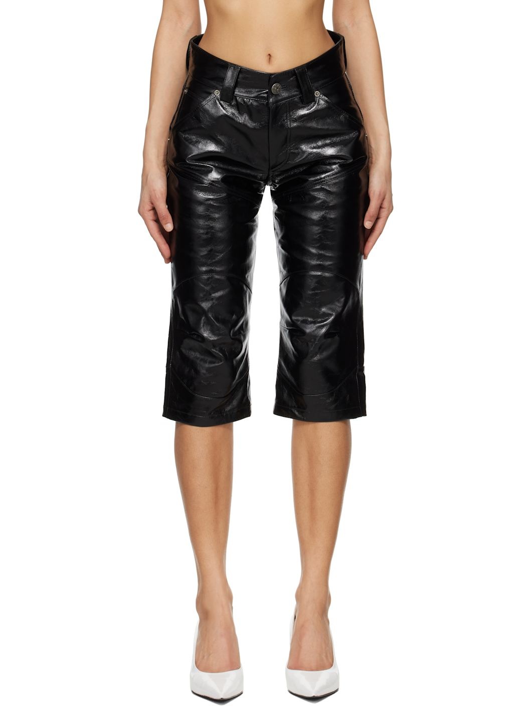 Black Knee Pad Leather Shorts - 1