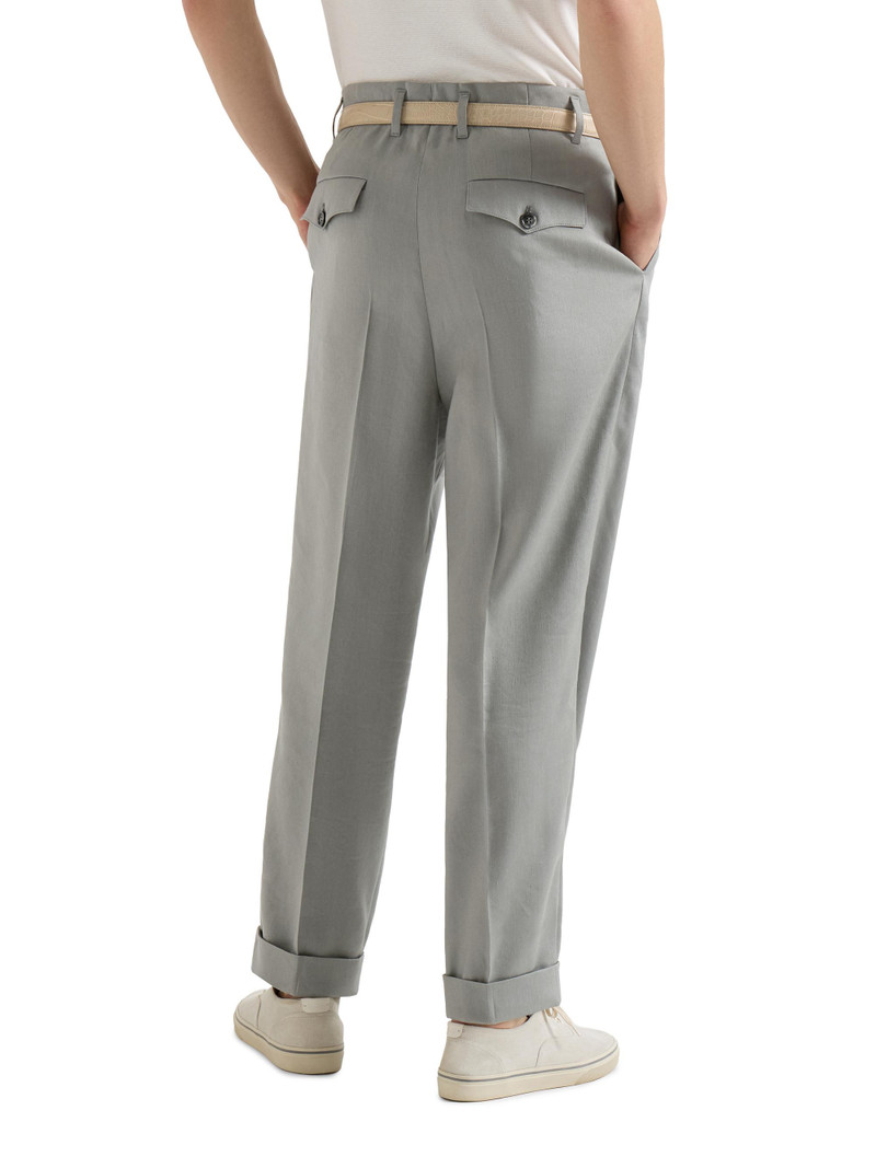 Men's Linen, Virgin Wool and Mohair Gabardine Trousers with Double Pleats - Khaki 3