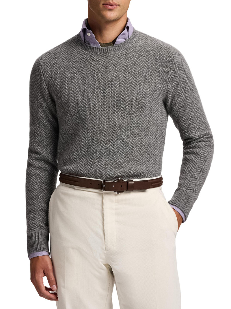 Men's Textured Herringbone Cashmere Sweater - Grey Melange 3