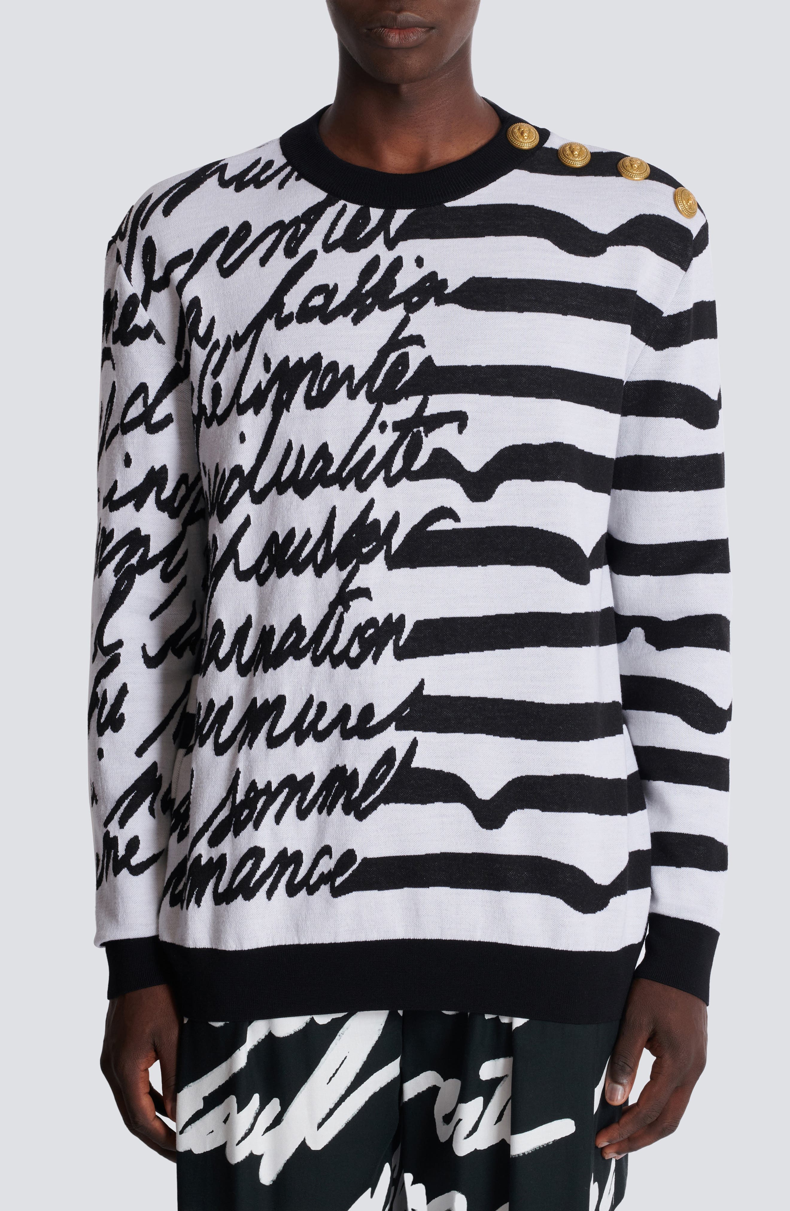 Balmain Love Letter Marinière Stripe Merino Wool Sweater in White/Black at Nordstrom - 1