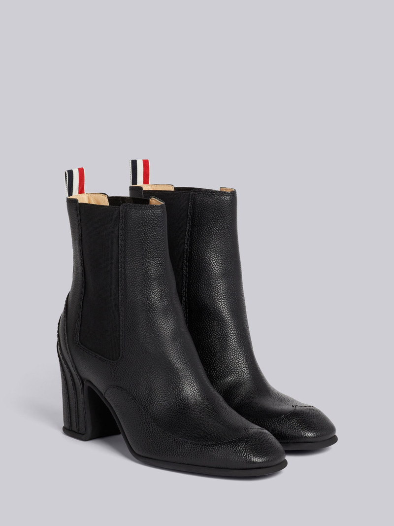 Black Pebble Grain Leather 75mm Block Heel Wingtip Galosh Ankle Bootie 3