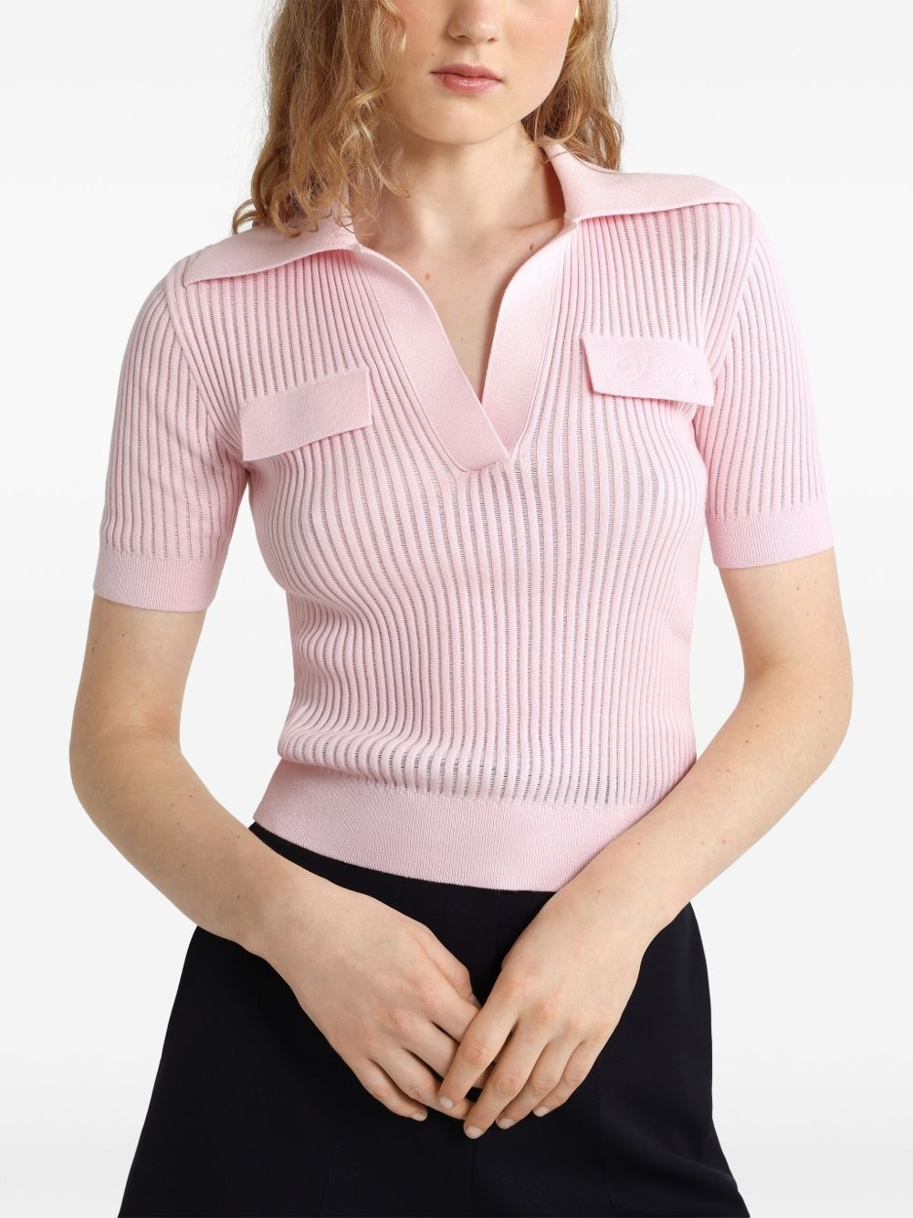 ribbed knit polo top - 2