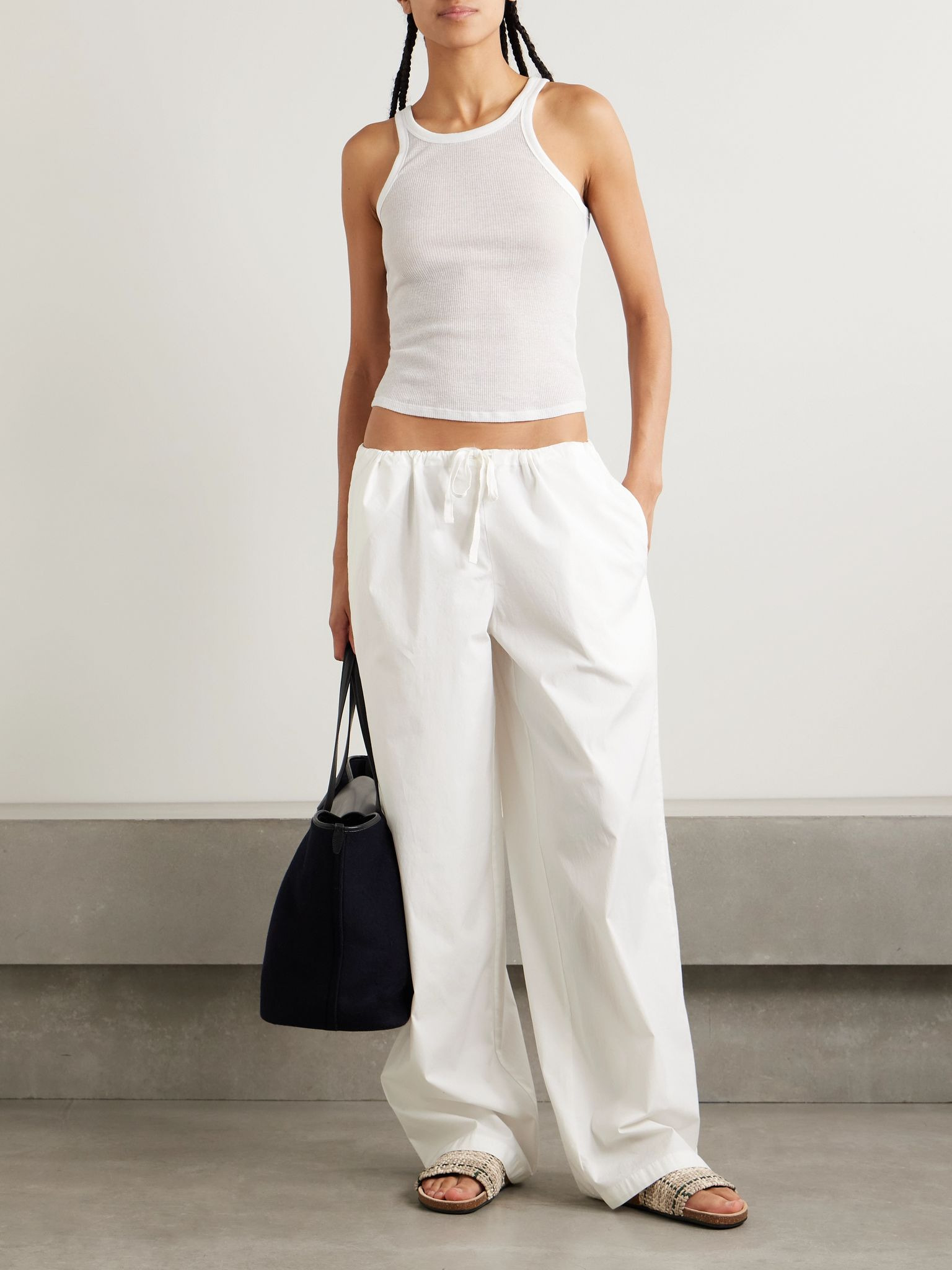 Cotton-blend poplin wide-leg pants - Snow White - 2