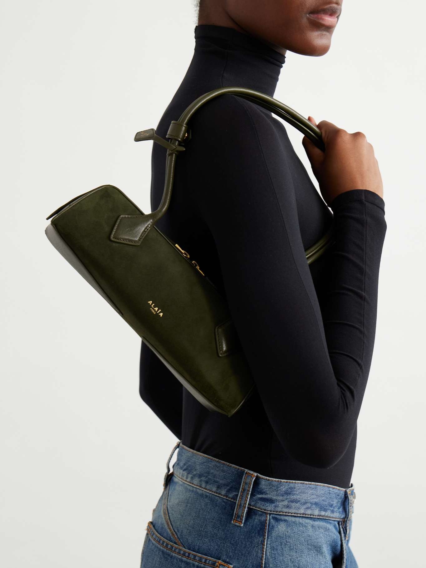 Le Teckel small leather-trimmed suede shoulder bag Green - 2