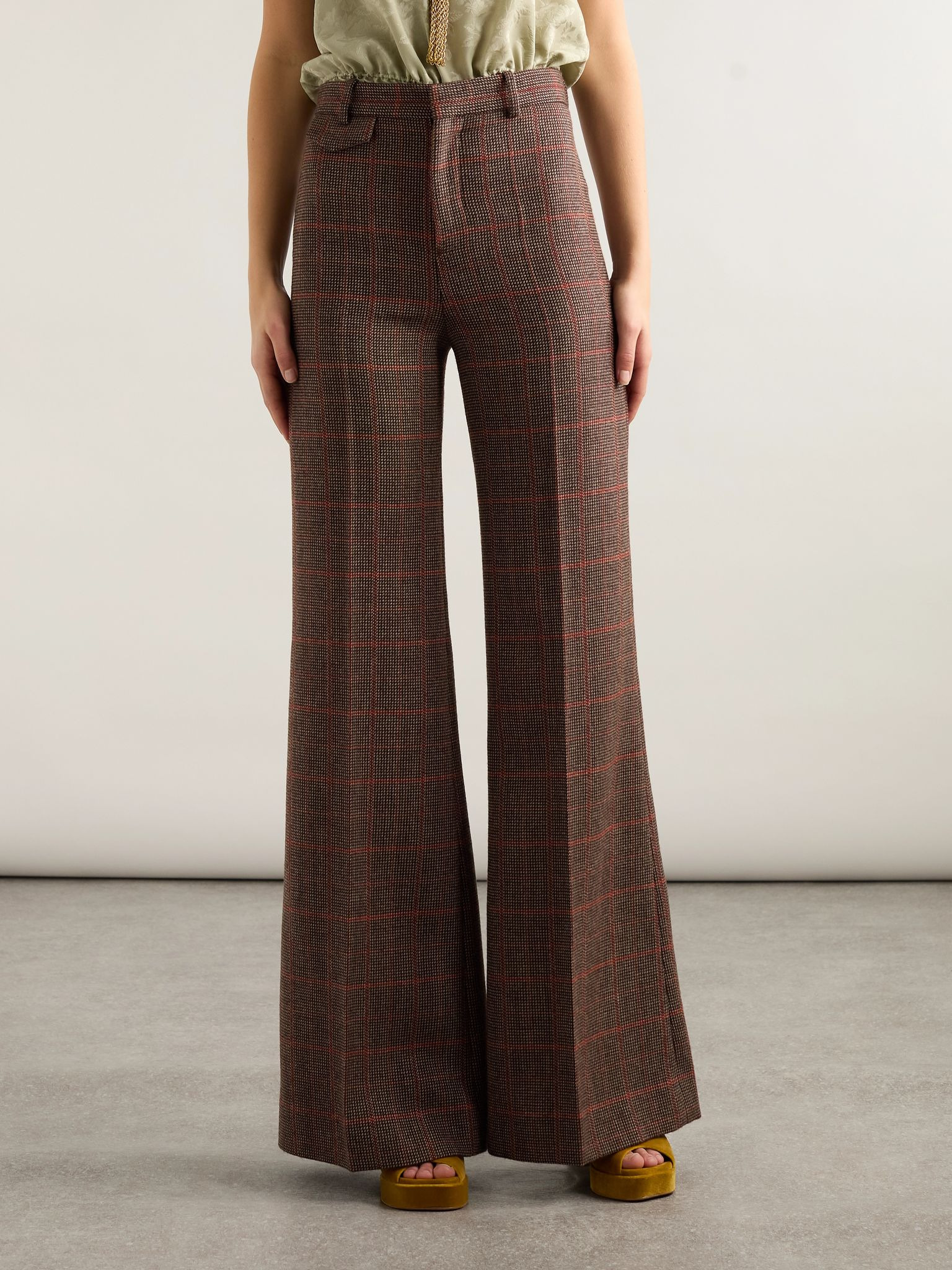 Checked wool flared pants Brown - 3
