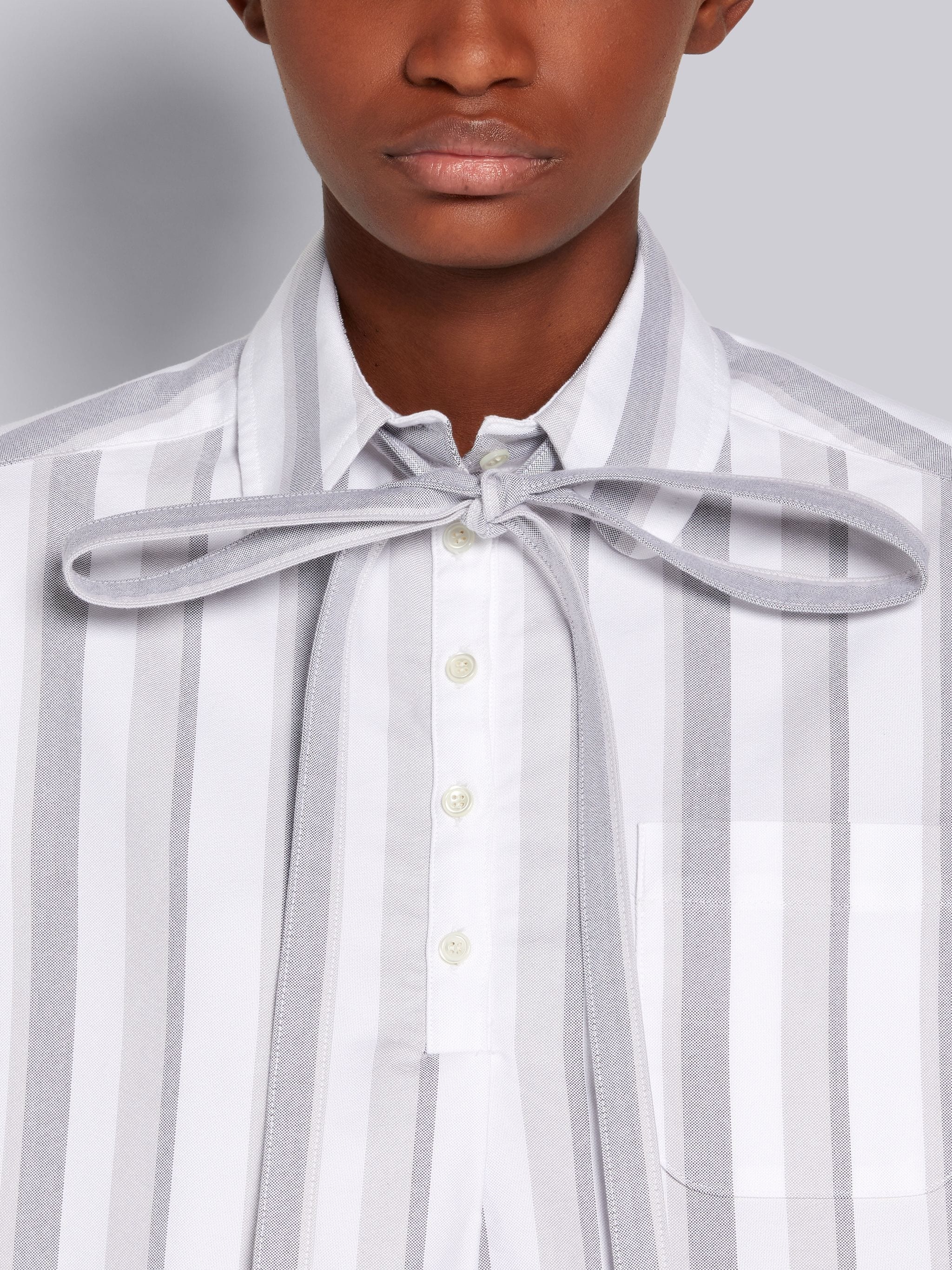Medium Grey Alternating Stripe Oxford Bow Tie Blouson Short-sleeved Shirt - 5