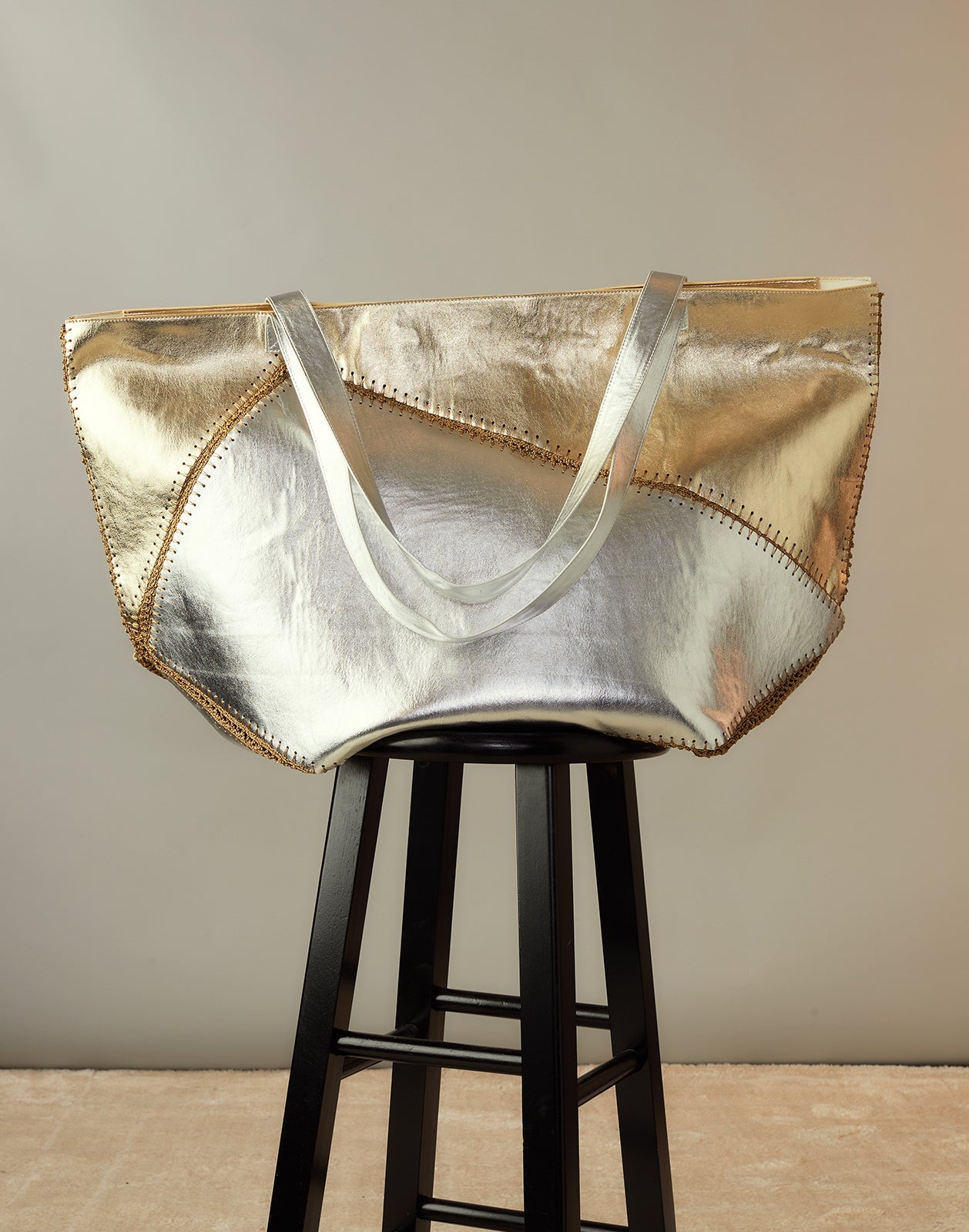 Mixed Metallic Vegan Leather Oversized Tote - 10