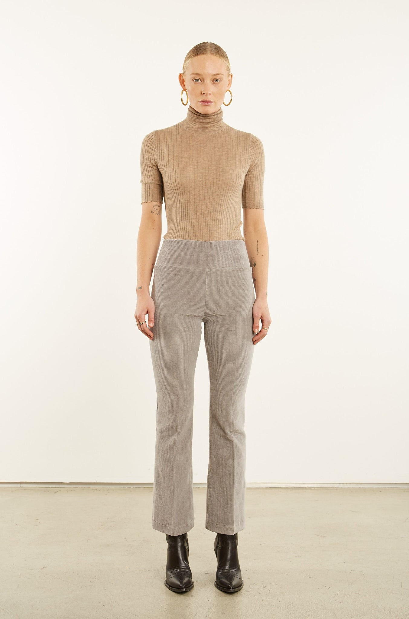 GREY CORDUROY ANKLE FLARE PANTS - 1