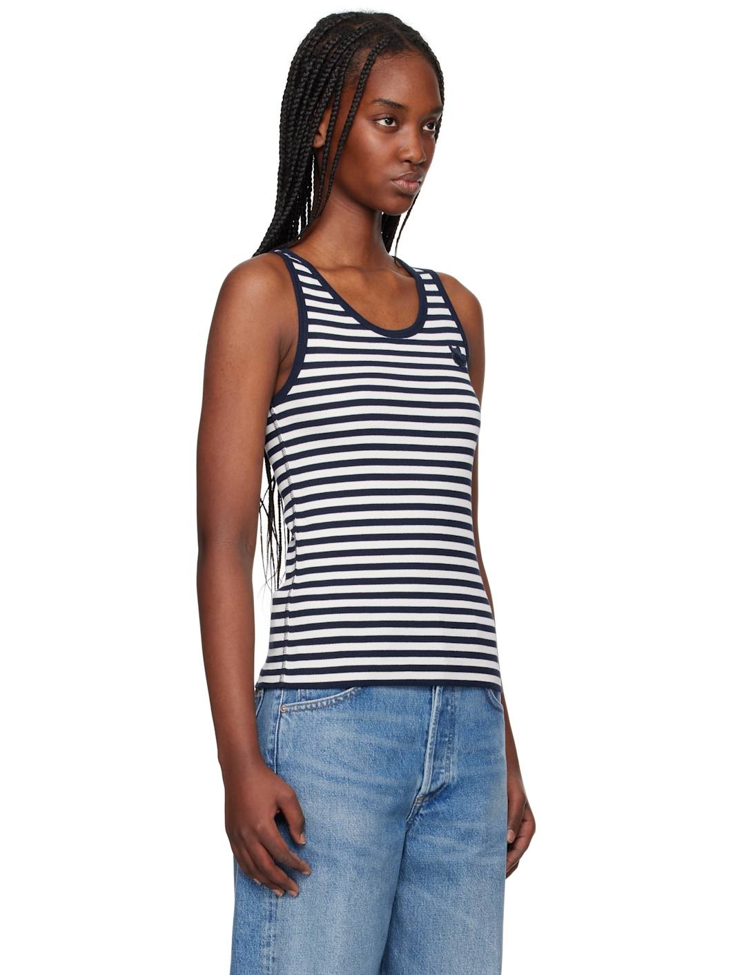 Navy & Off-White Bold Fox Patch Multi Stripes Ribbed Tank Top - 2