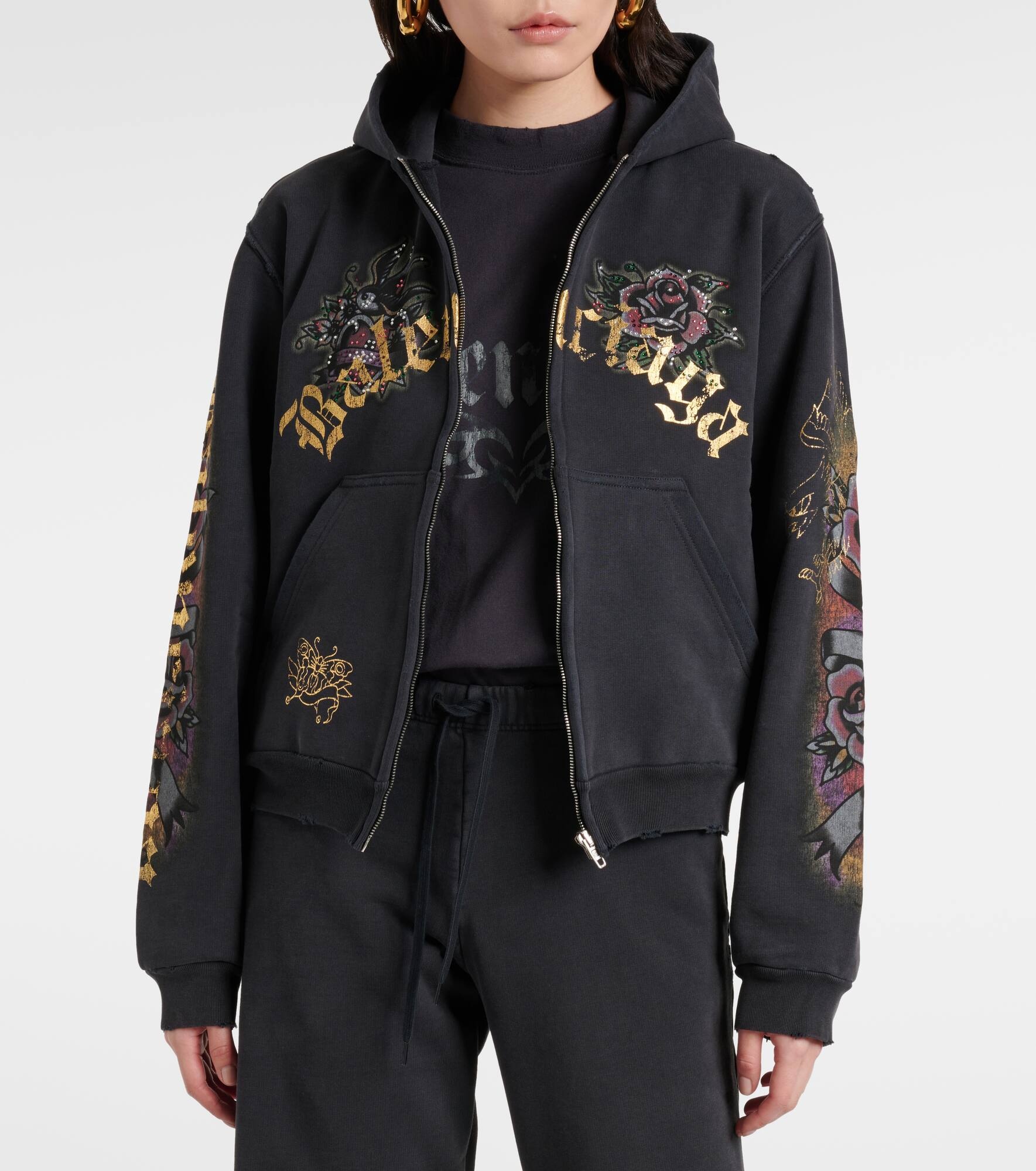 Tacky Tattoo distressed cotton fleece hoodie - 6