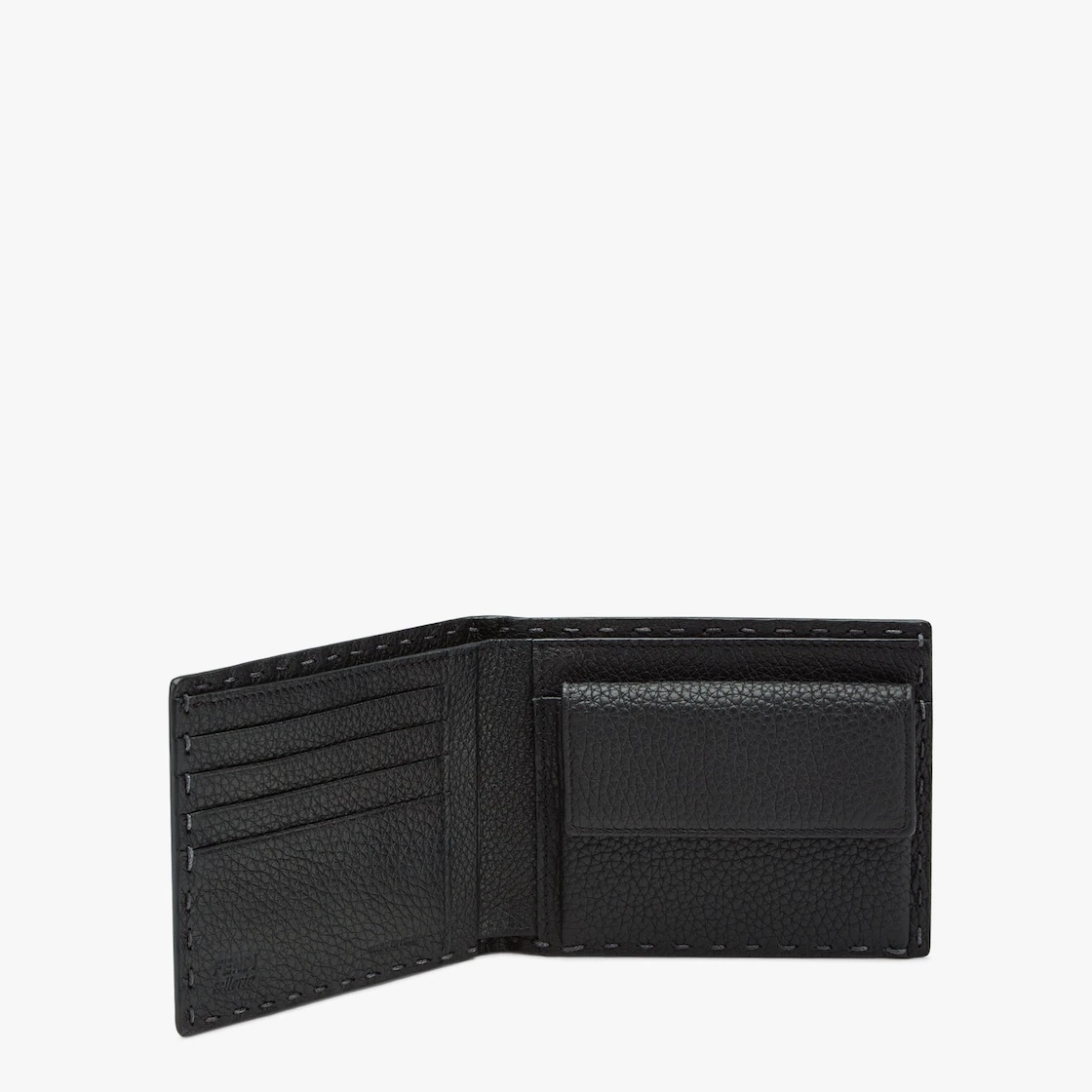 Selleria bi-fold wallet in black Romano leather, trimmed with hand stitching and metal bartacks with - 3