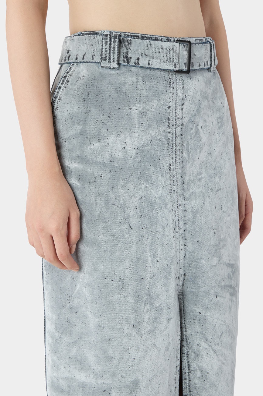 BELTED LONG SPLIT SKIRT / flocked denim / grey - 4