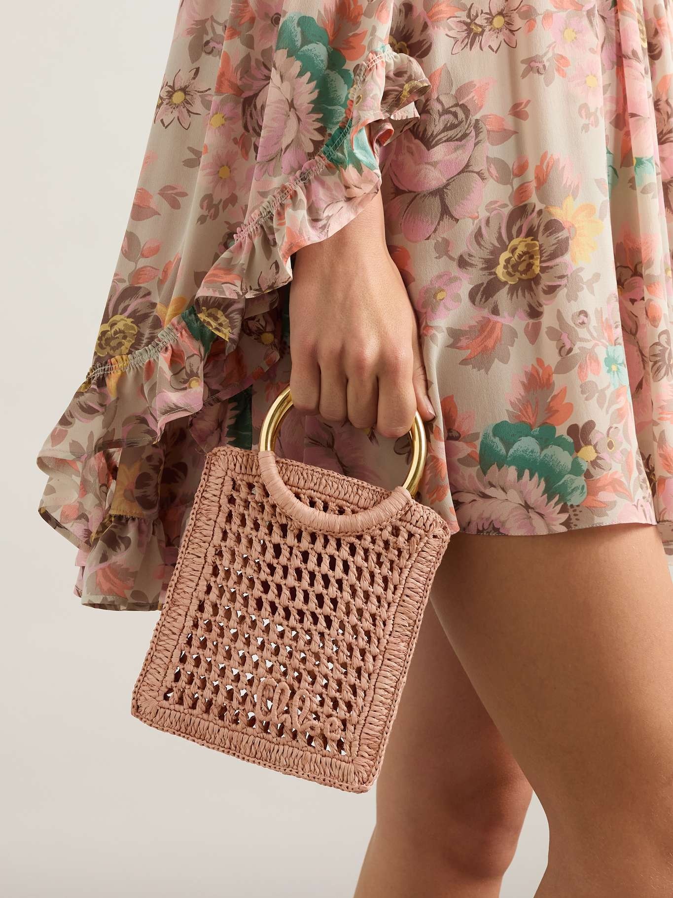 Summer Banana small leather-trimmed woven raffia tote bag Beige - 6