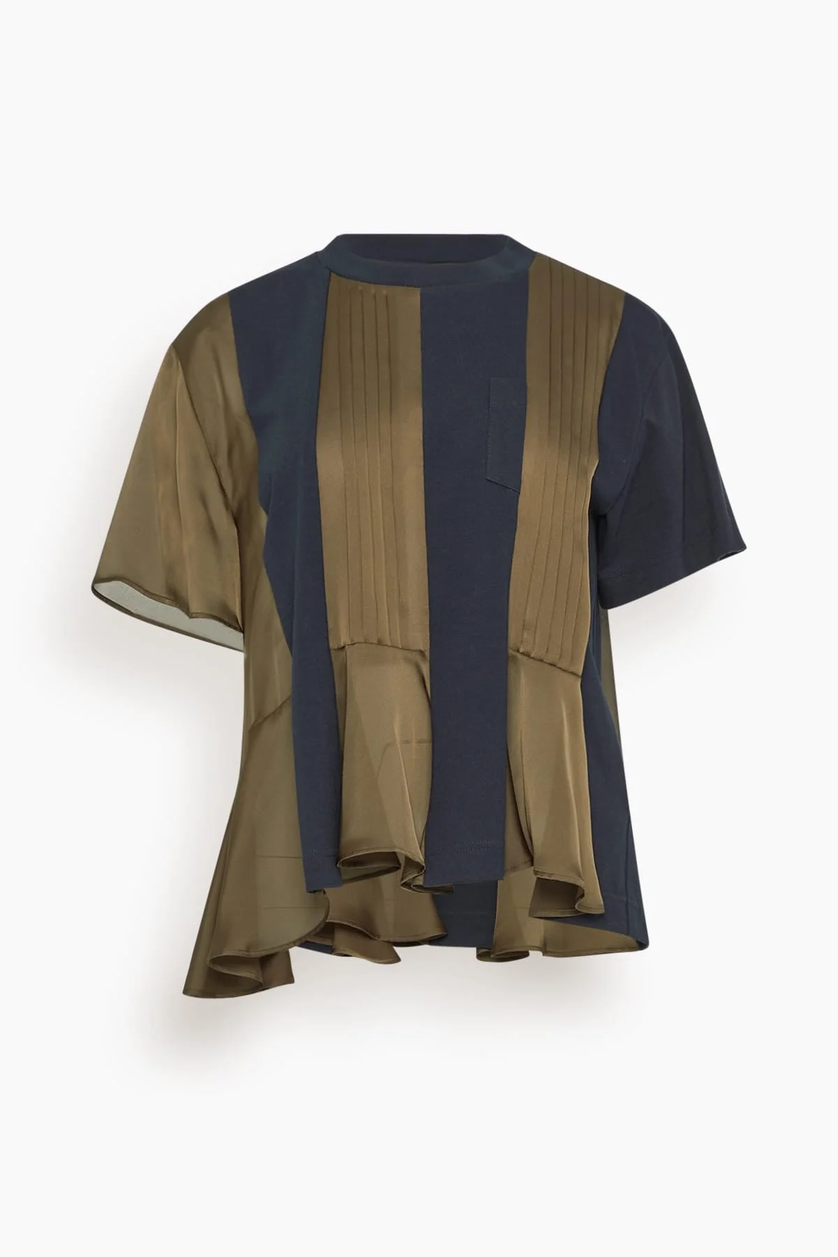 Satin x Cotton Jersey T-Shirt in Navy x Khaki - 1