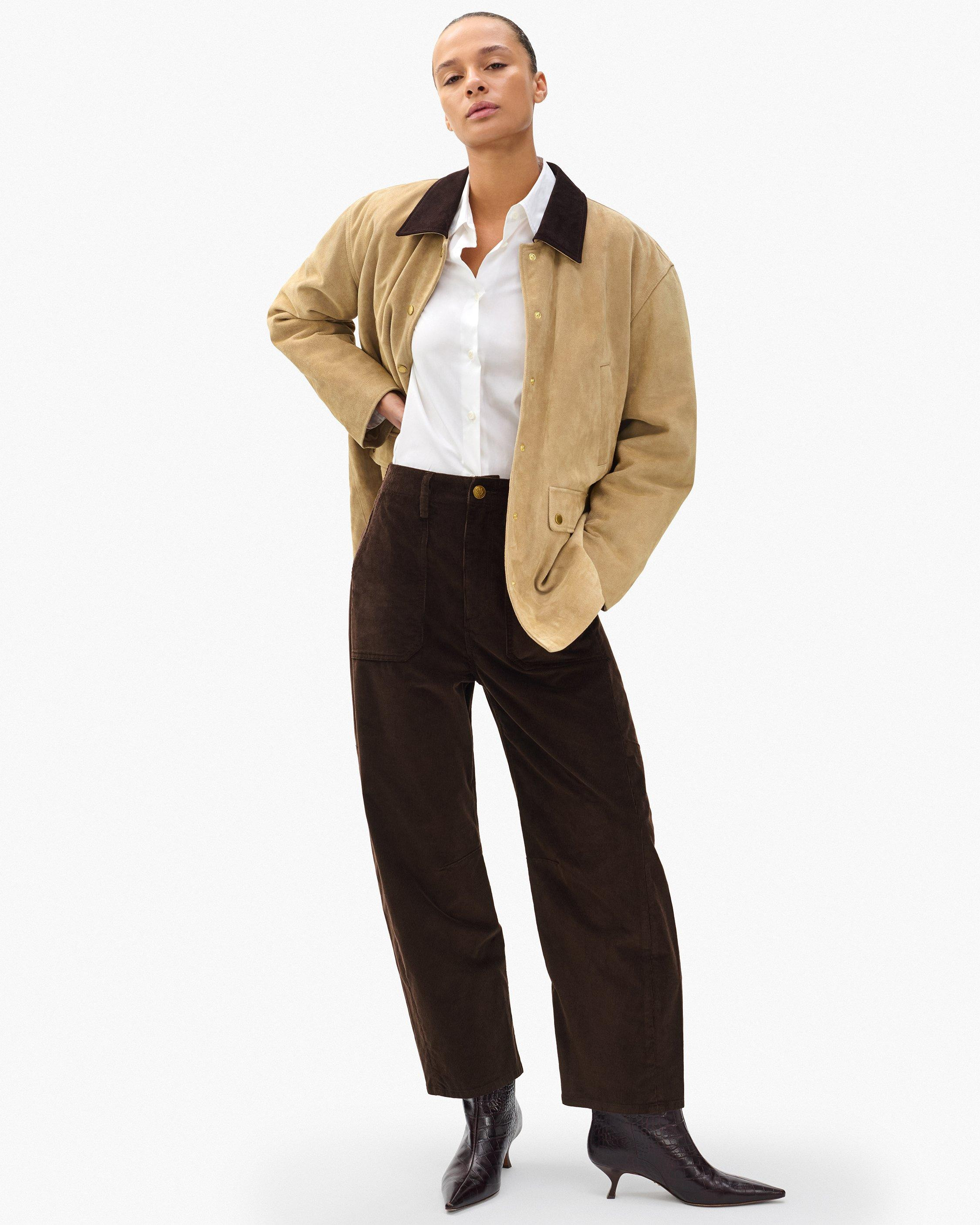 Charlie Ankle Barrel Corduroy Pants
Stretch Corduroy in Dark Brown - 2
