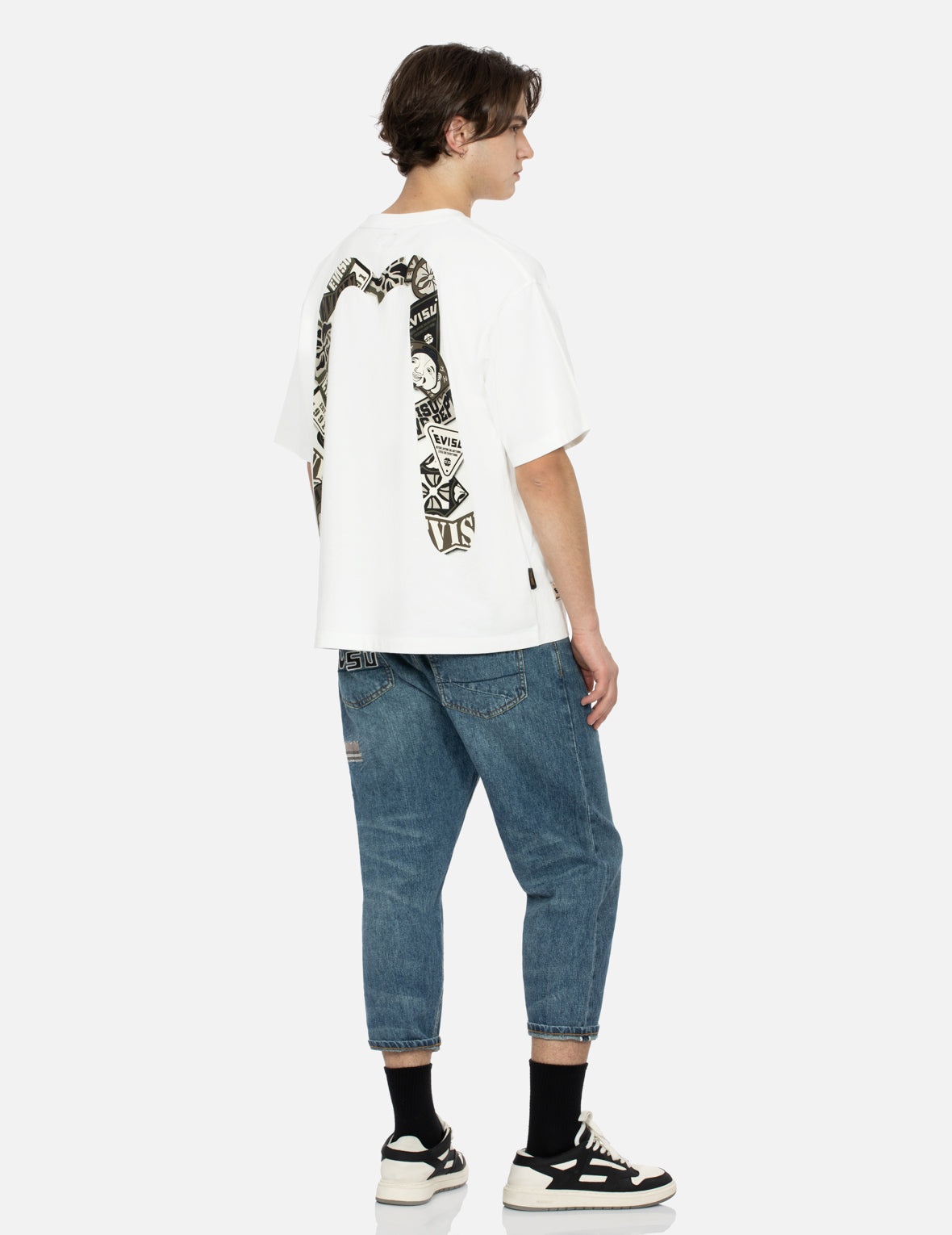 Washed and Distressed Seagull Patchwork and Logo Embroidery Cropped Jeans #2027 - 4