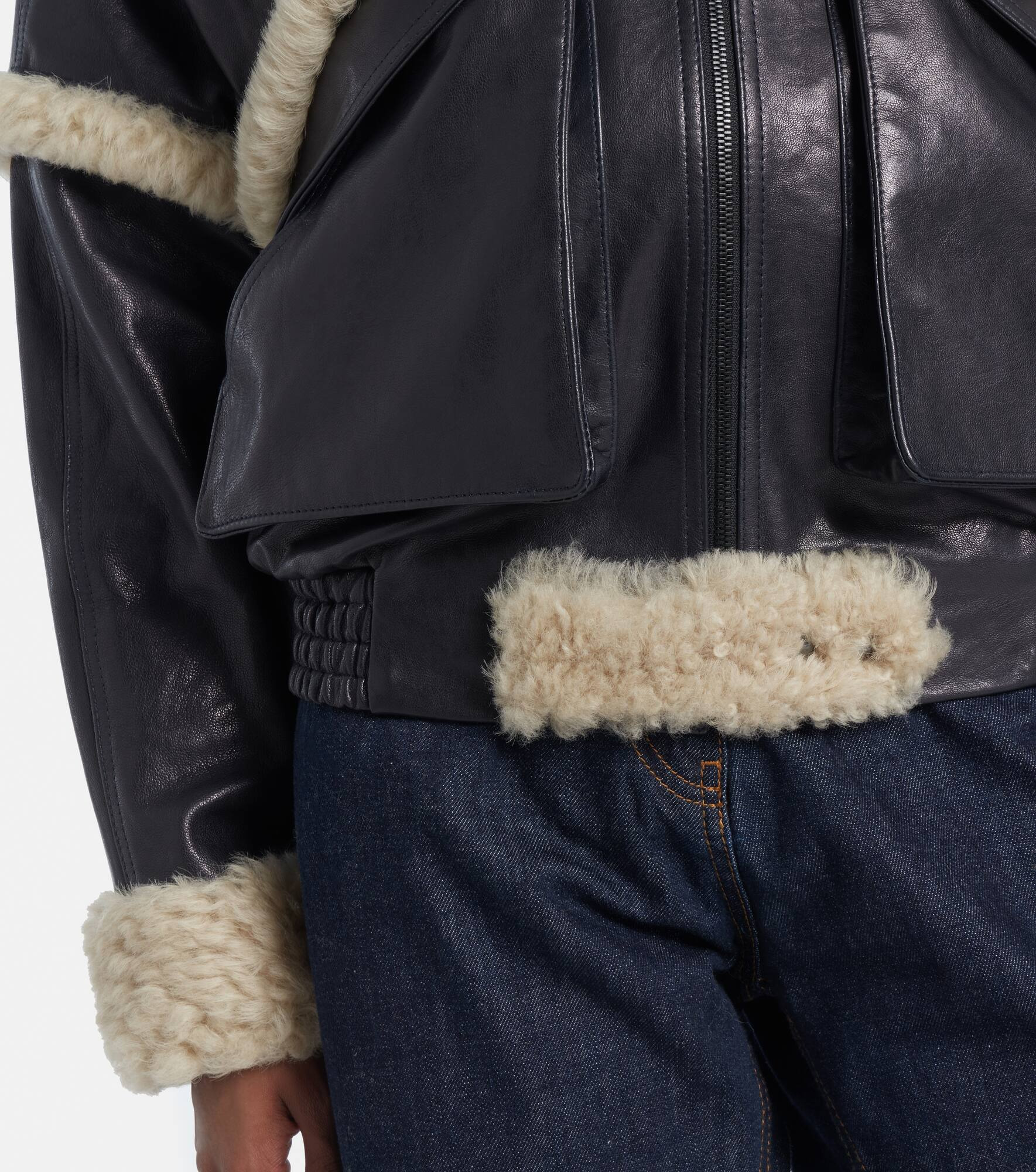 Shearling-trimmed leather bomber jacket - 6