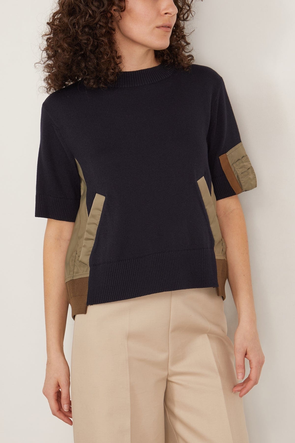 Nylon Twill and Knit Pullover in Navy/Taupe - 3