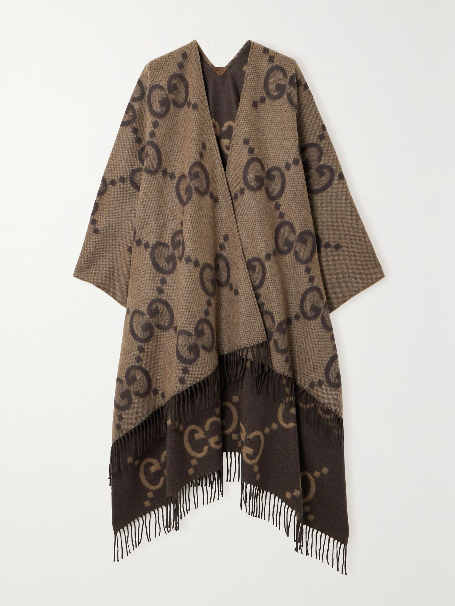 Reversible fringed jacquard-knit cashmere wrap Brown - 1