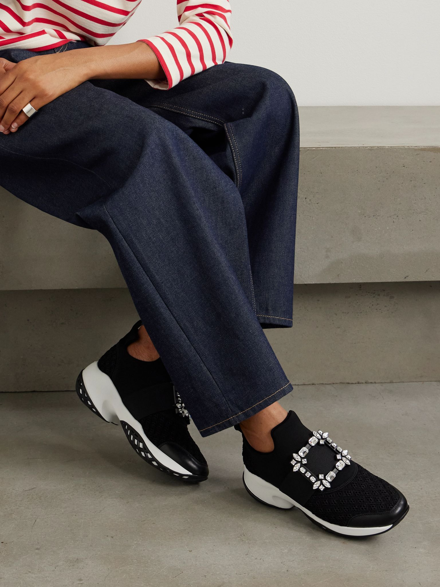 Viv Run crystal-embellished stretch, mesh and leather sneakers Black - 2