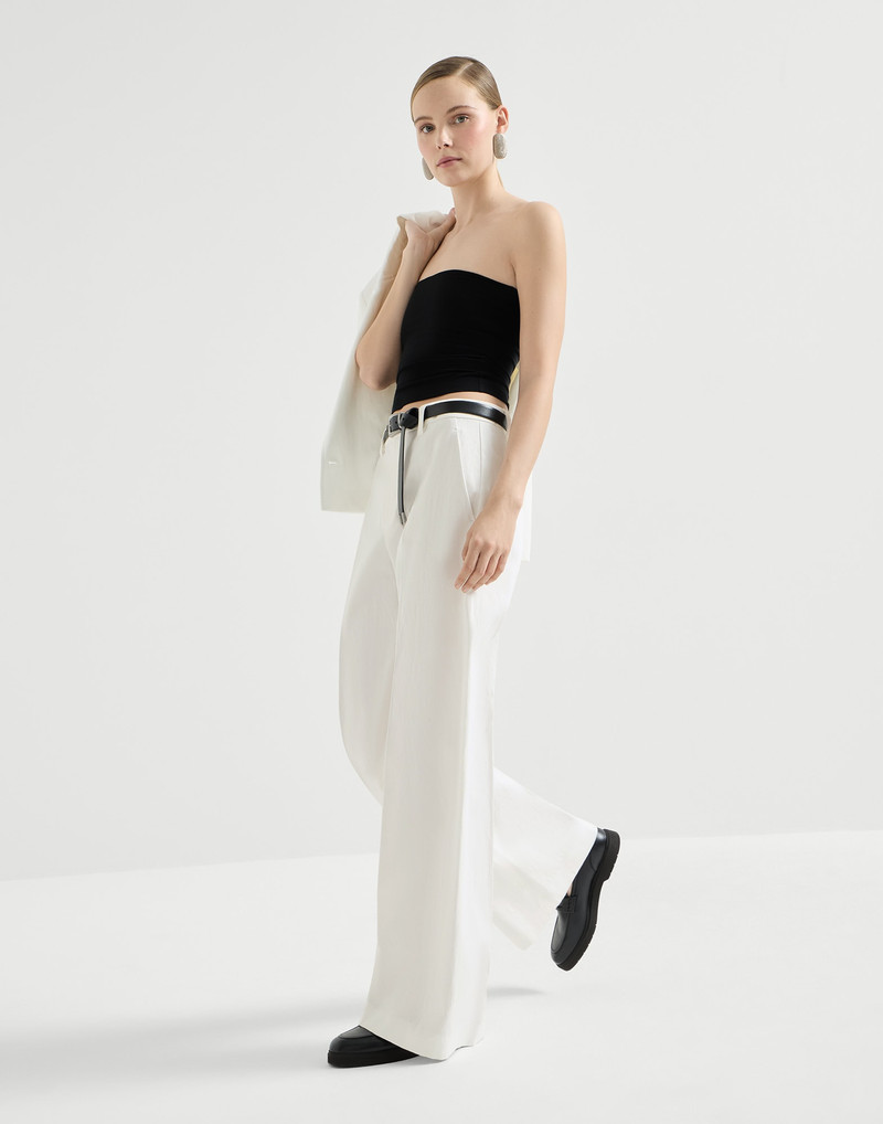 Cotton and paper yarn diagonal loose flared trousers with monili 5