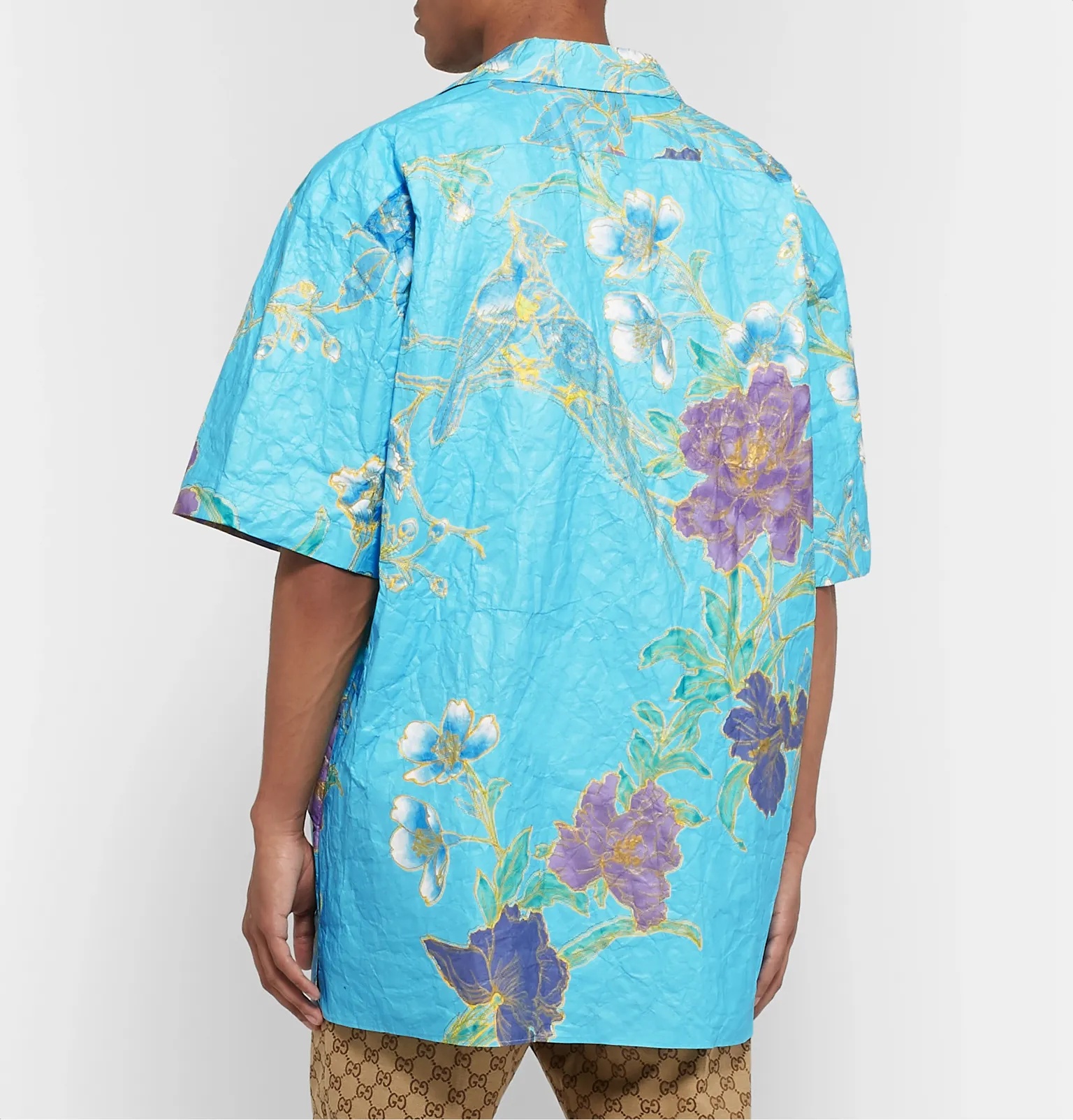 Oversized Camp-Collar Printed Paper-Effect Crinkled-Shell Shirt - 5