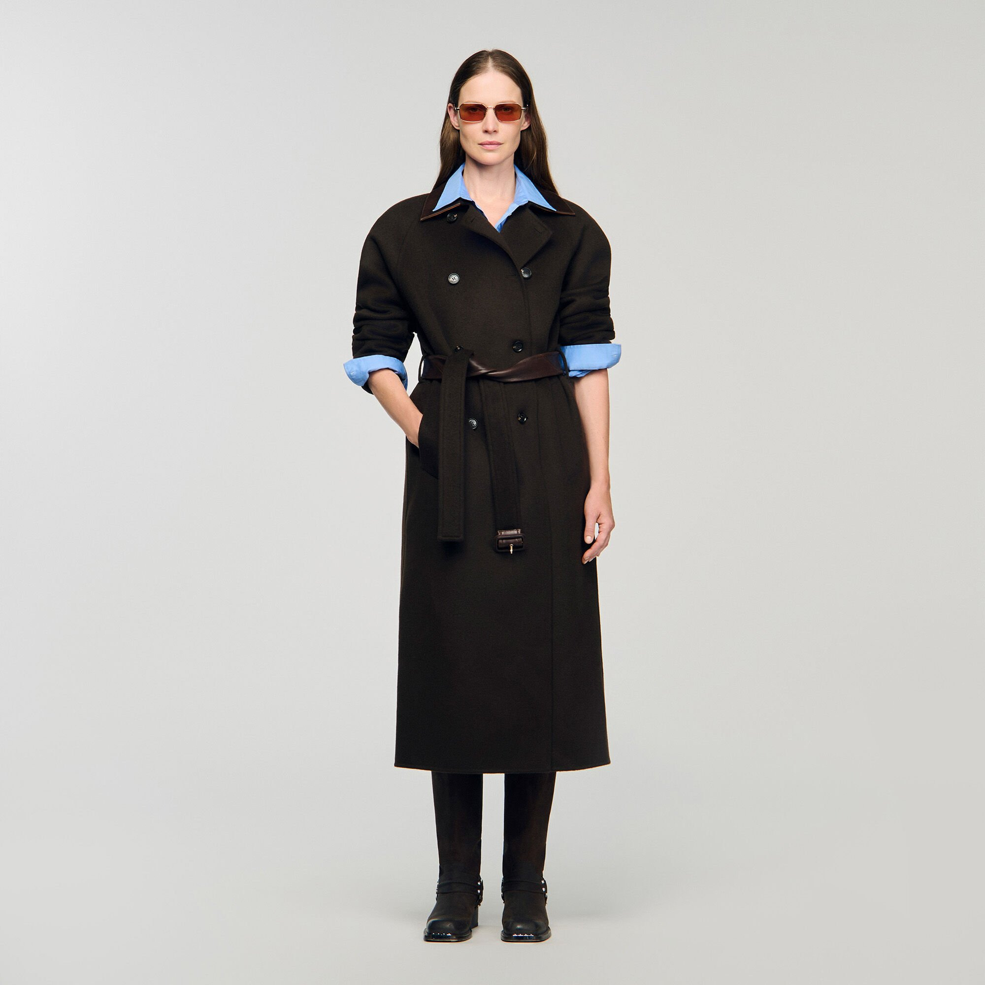 LONG WOOL AND LEATHER COAT - 1