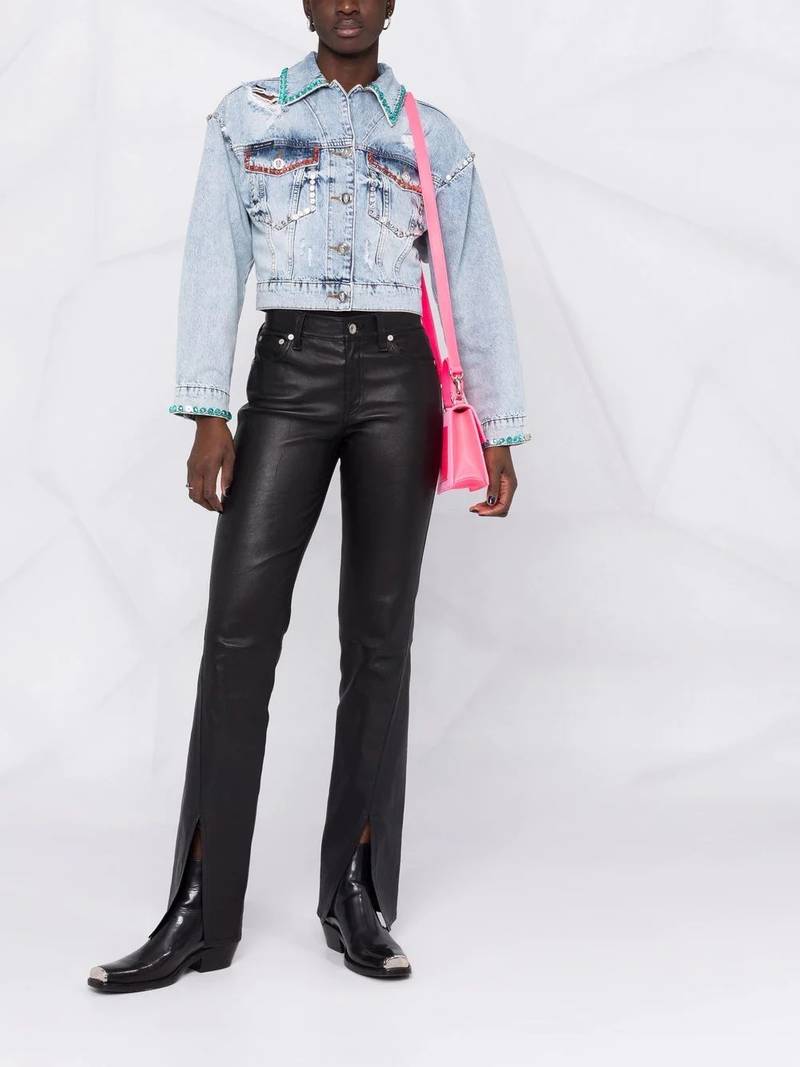 PHILIPP PLEIN crystal-embellished distressed denim jacket outlook
