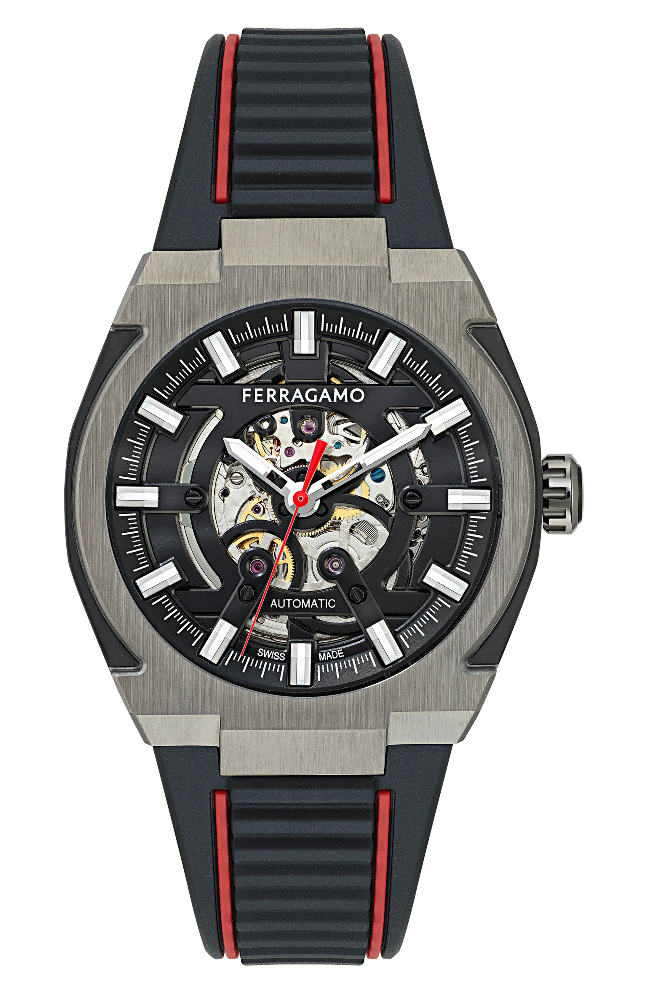 FERRAGAMO Supreme Skeleton Recycled Polyurethane Strap Watch, 43mm in Ip Gunmetal at Nordstrom - 1