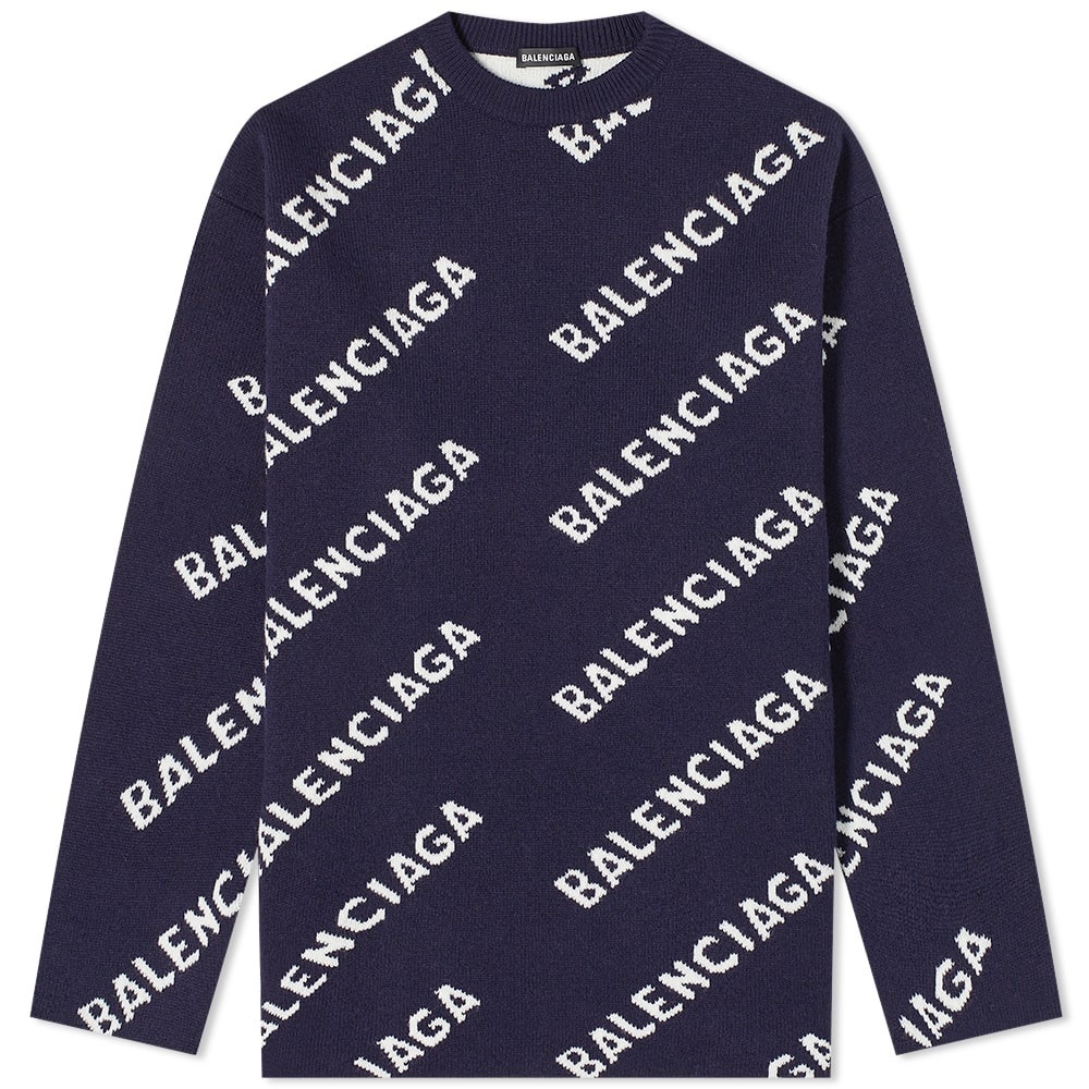 Balenciaga All Over Logo Intarsia Crew Knit - 1