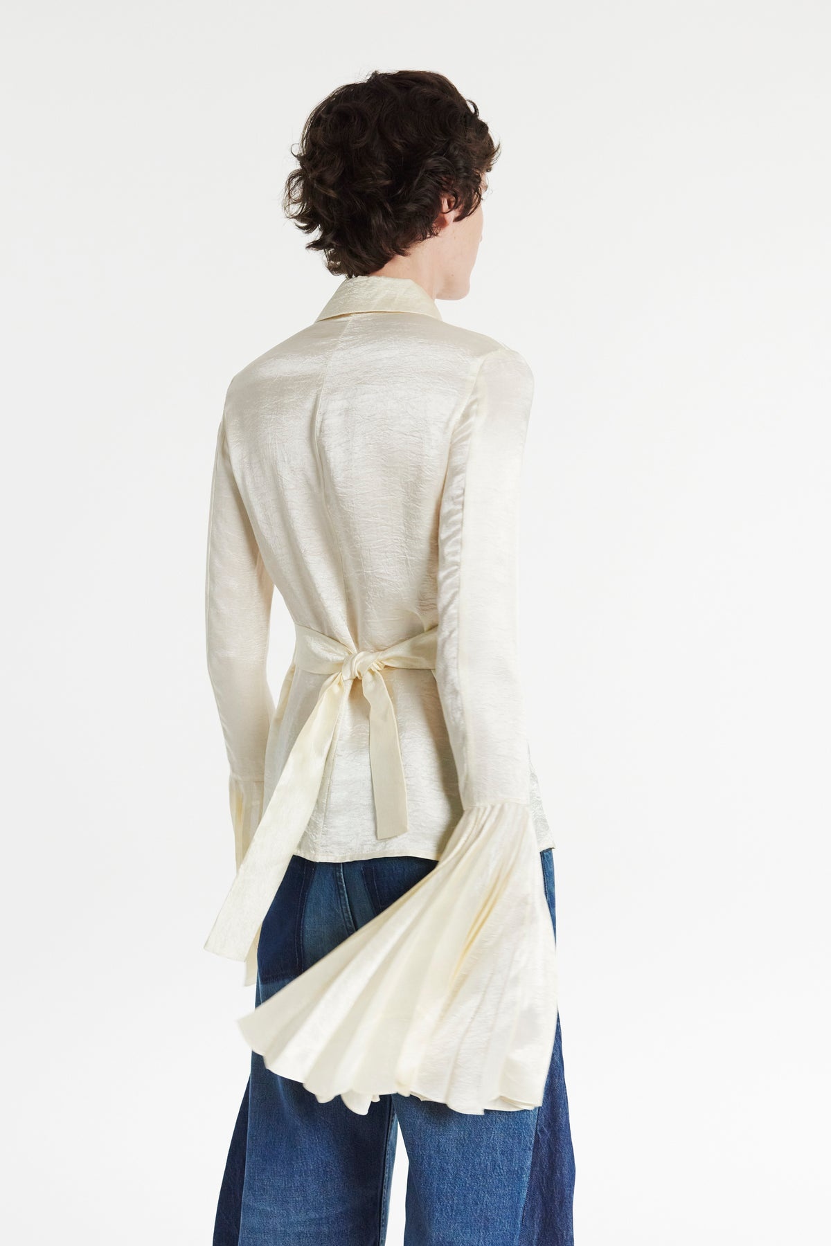SATIN SHIRT WITH PLEATED BELL SLEEVES IVORY - 8