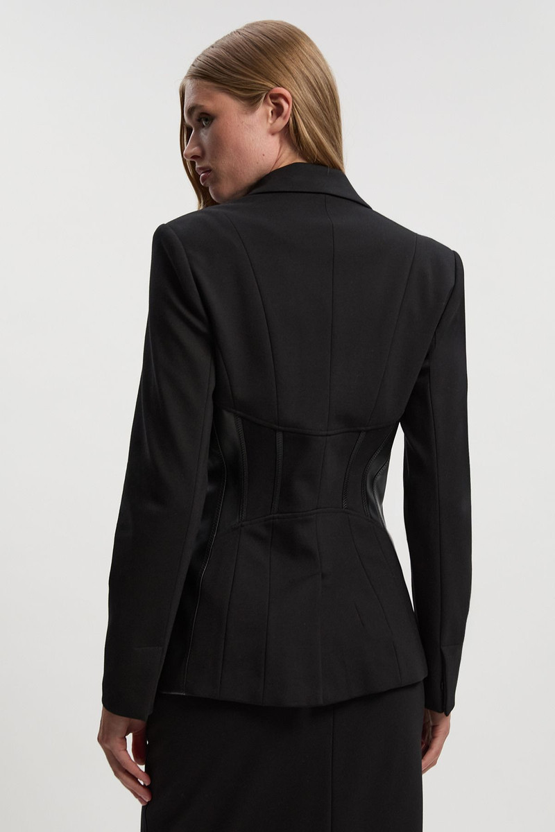 Ponte And Pu Mix Waist Seam Detail Tailored Single Breasted Blazer 5