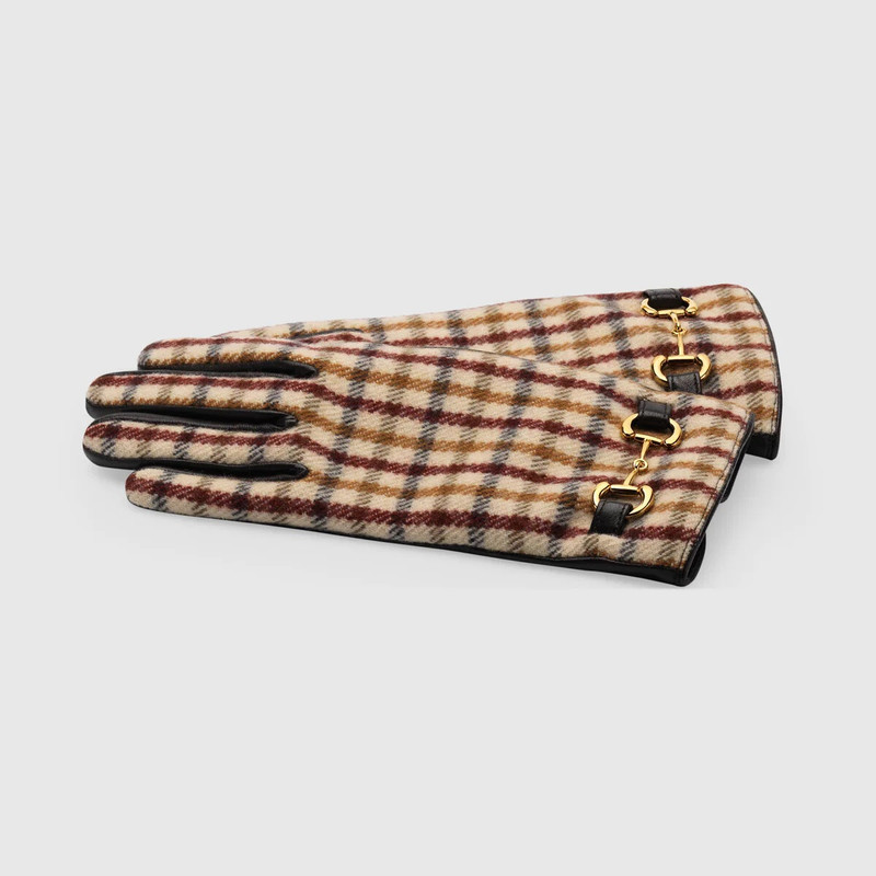 GUCCI Check wool gloves with leather outlook