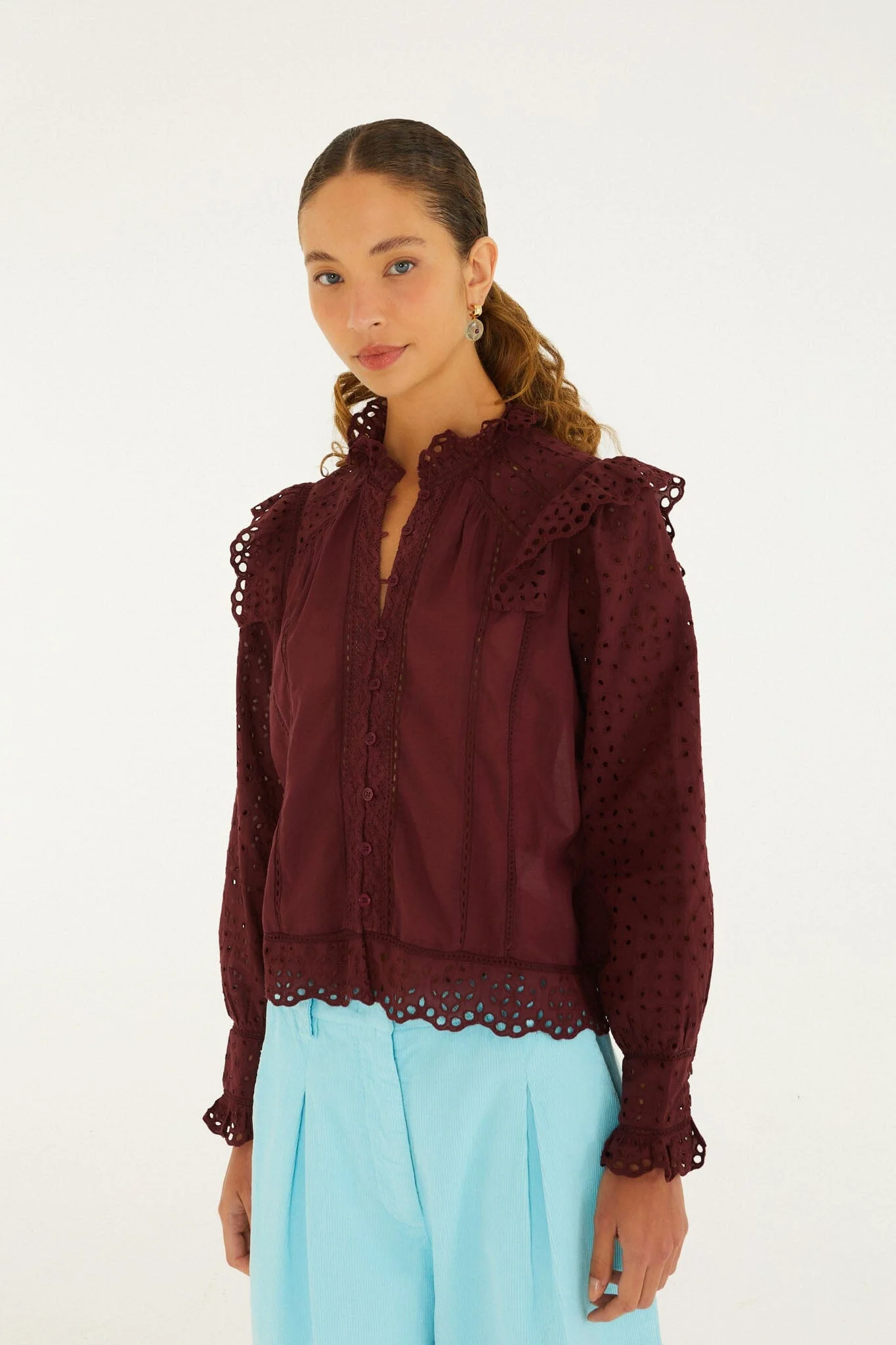 Eyelet Long Sleeve Ruffled Blouse - 1