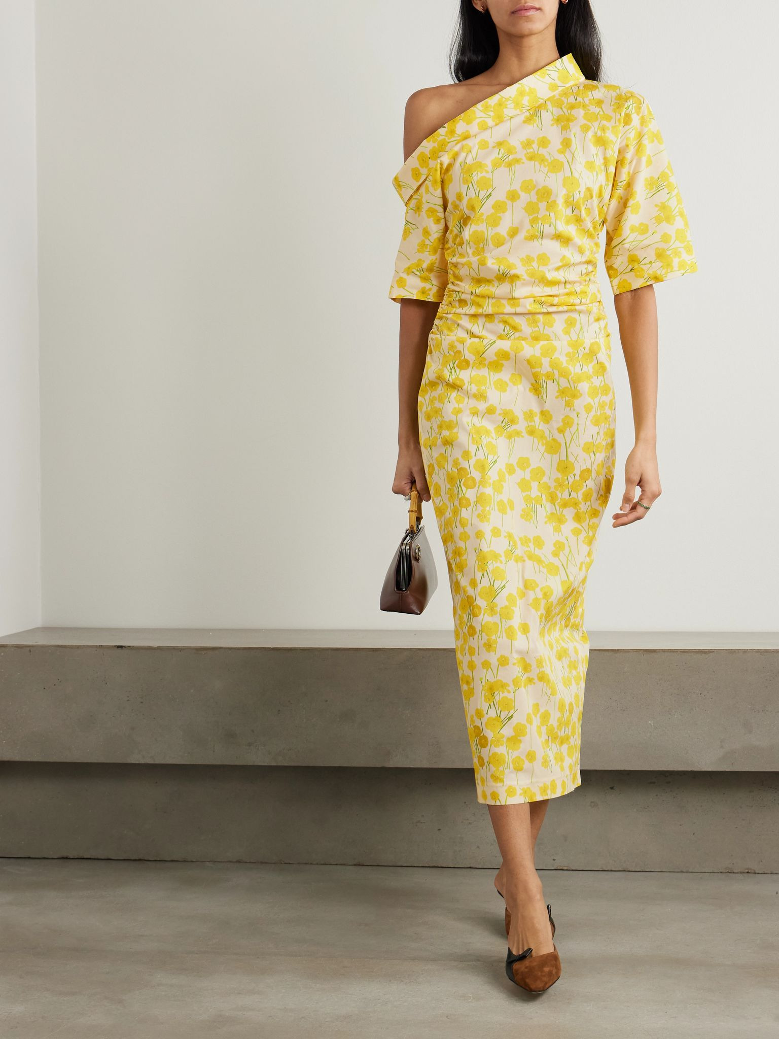 Bowery one-shoulder floral-print stretch-cotton midi dress Yellow - 2