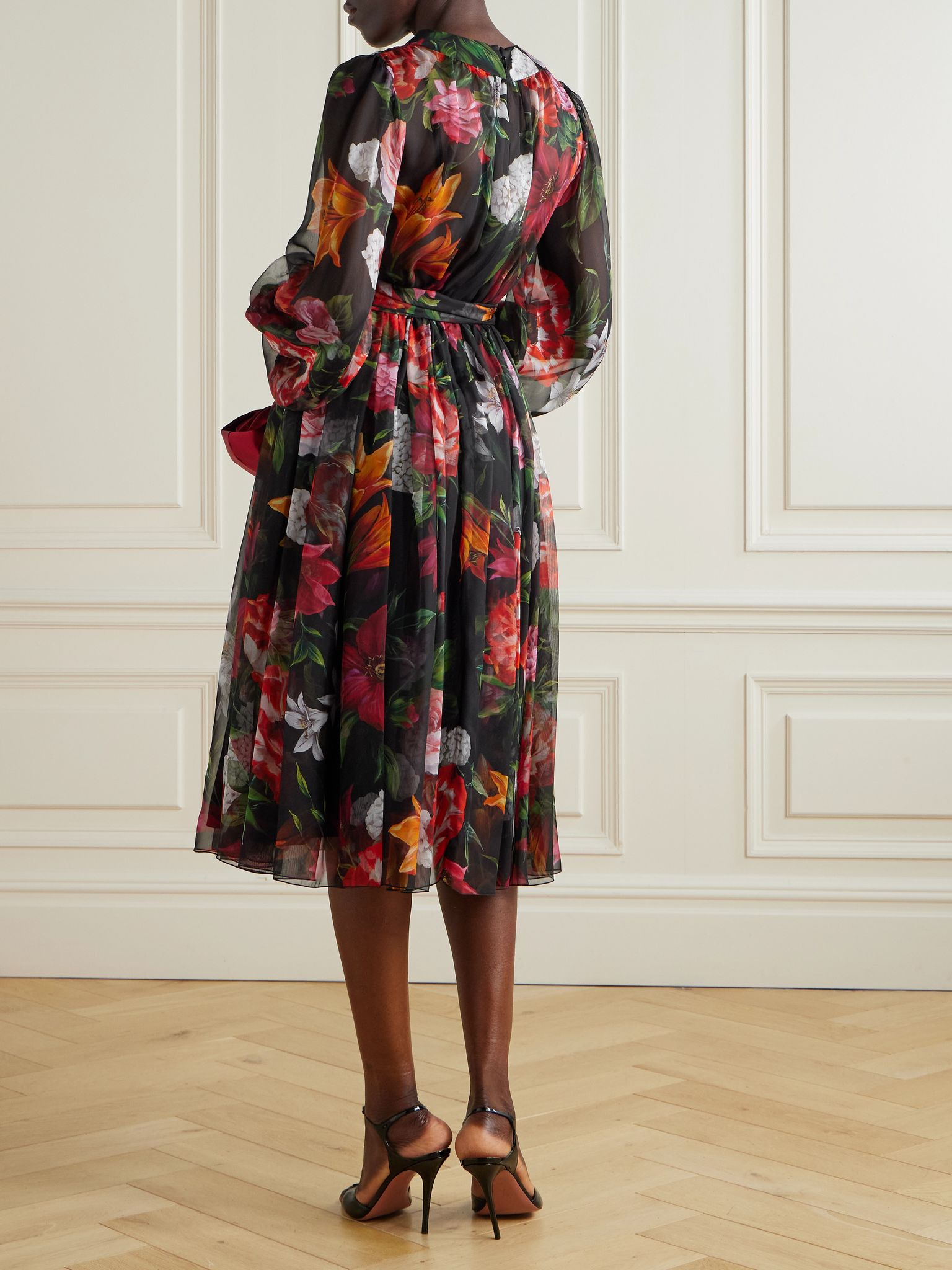 Belted ruffled floral-print silk-chiffon midi dress Black - 3