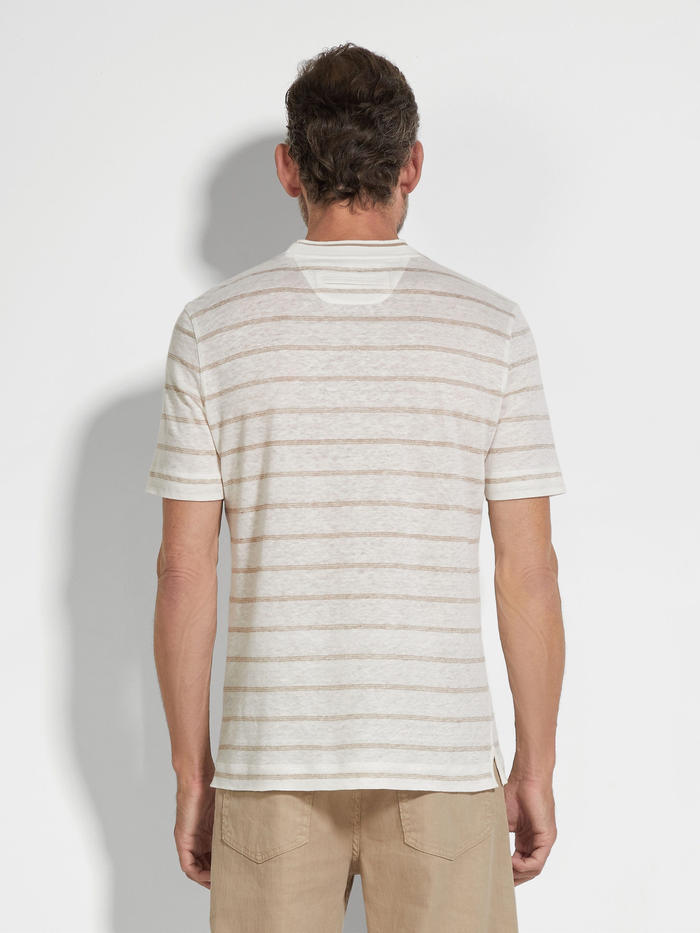 WHITE AND LIGHT TAUPE LINEN T-SHIRT - 5