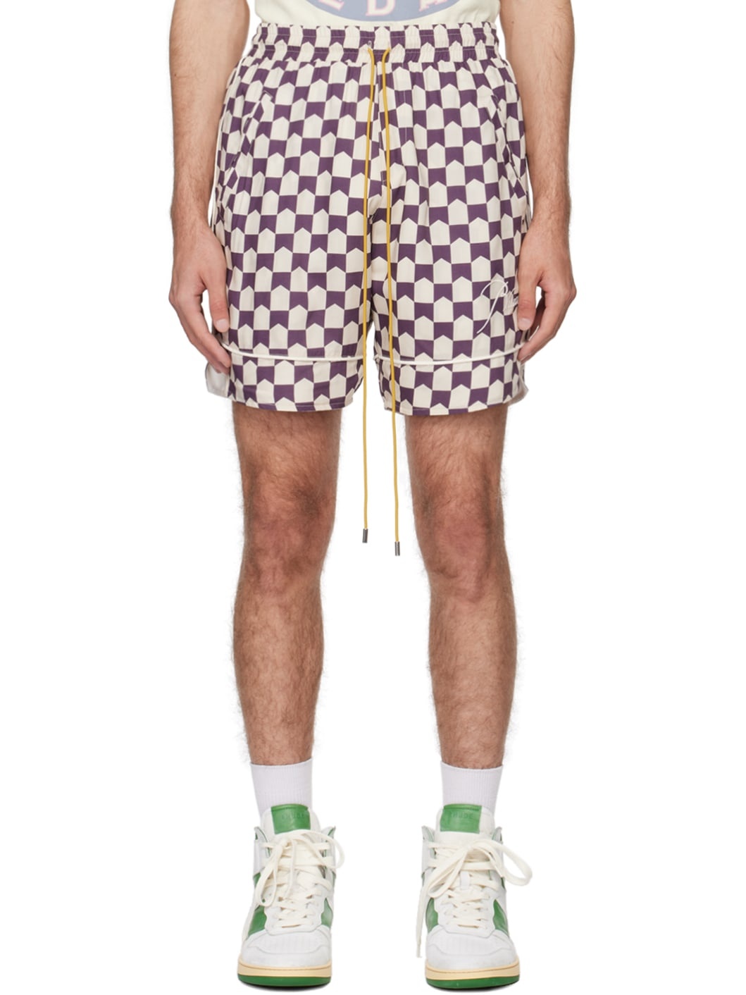 Off-White & Purple Check Shorts - 1