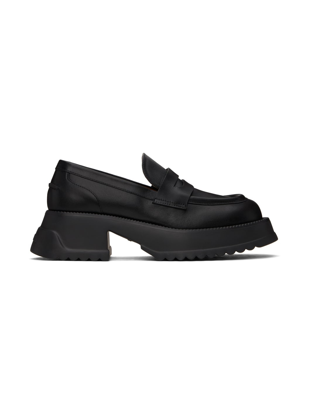 Black Leather Platform Sole Loafers - 1