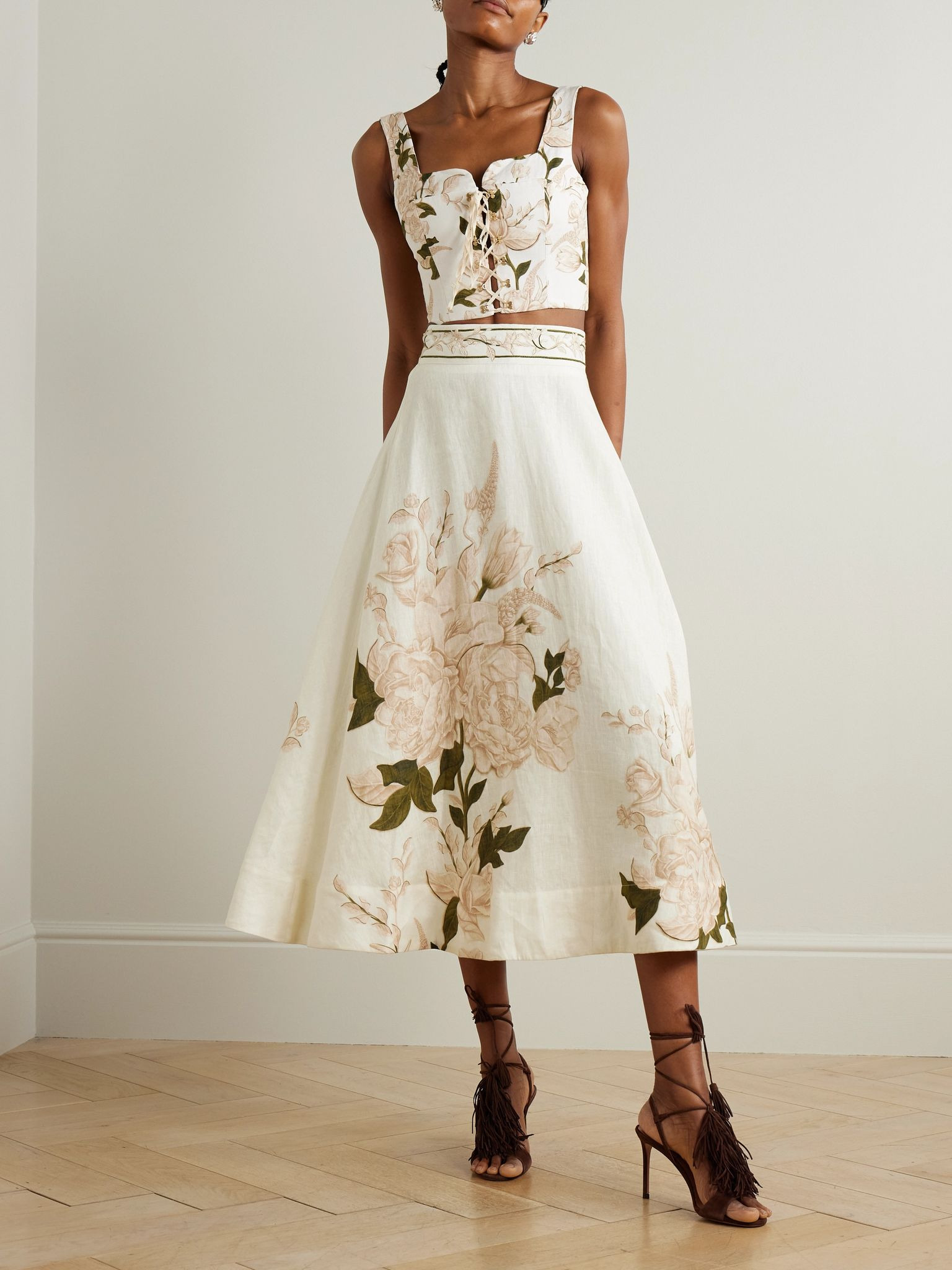 Reserva cropped lace-up floral-print linen bustier top Multi - 2